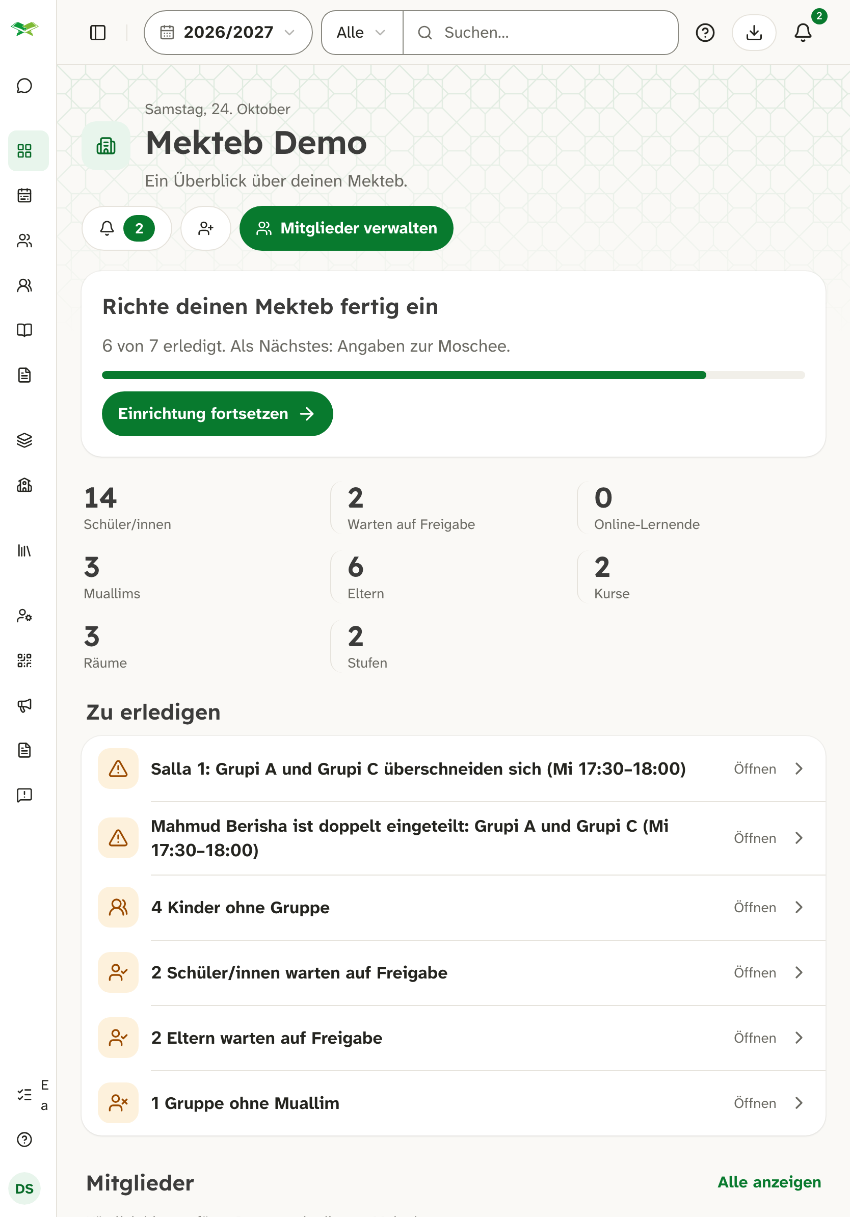 Übersicht von Mekteb Demo mit Einrichtungsstand, Zahlen zu Schülern und Muallims und der Liste «Zu erledigen».