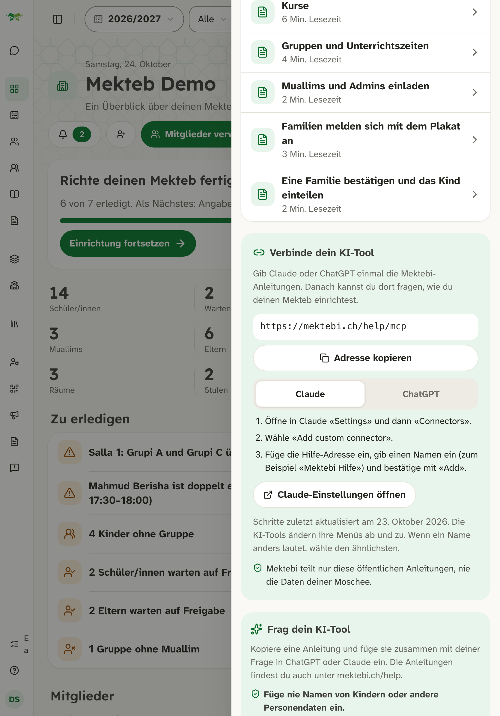 Hilfe-Karte «Dein KI-Tool verbinden» mit Hilfe-Adresse, Kopieren-Schaltfläche und Schritten für Claude.