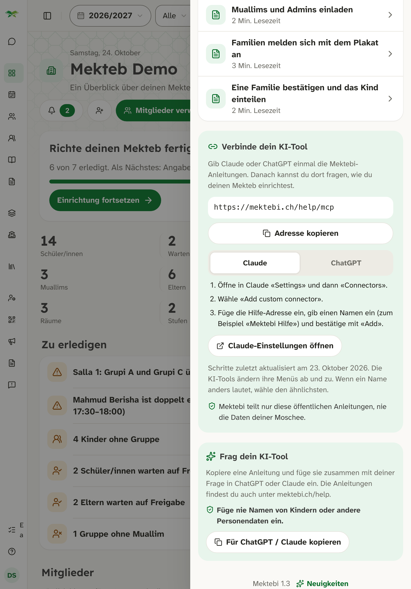 Hilfe-Fenster mit Anleitungen und KI-Karte; die Fusszeile zeigt «Mektebi 1.3» und «Neuigkeiten».