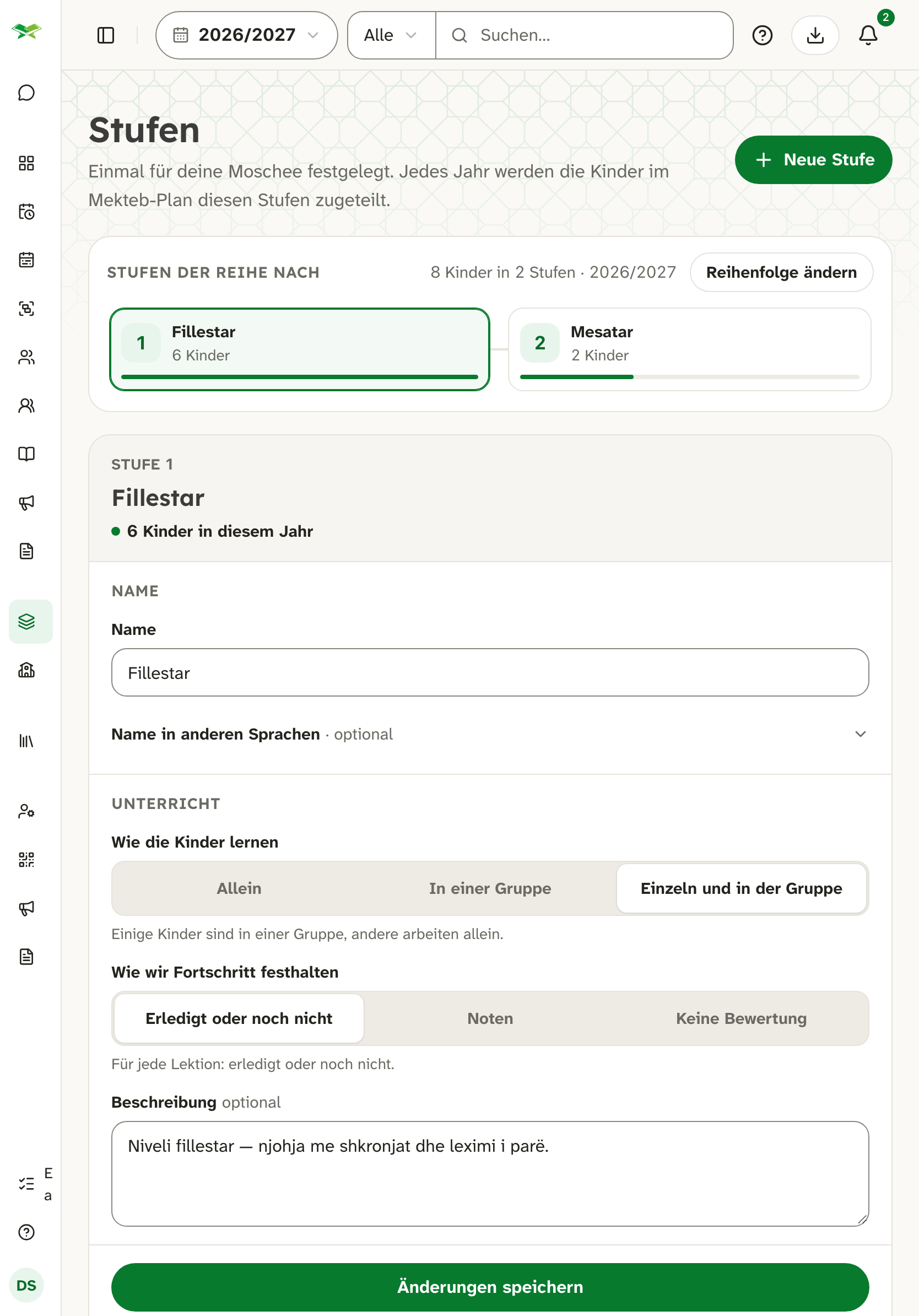 Seite «Stufen» mit zwei Stufen, Fillestar und Mesatar, je mit Lernform und Anzahl Kinder.