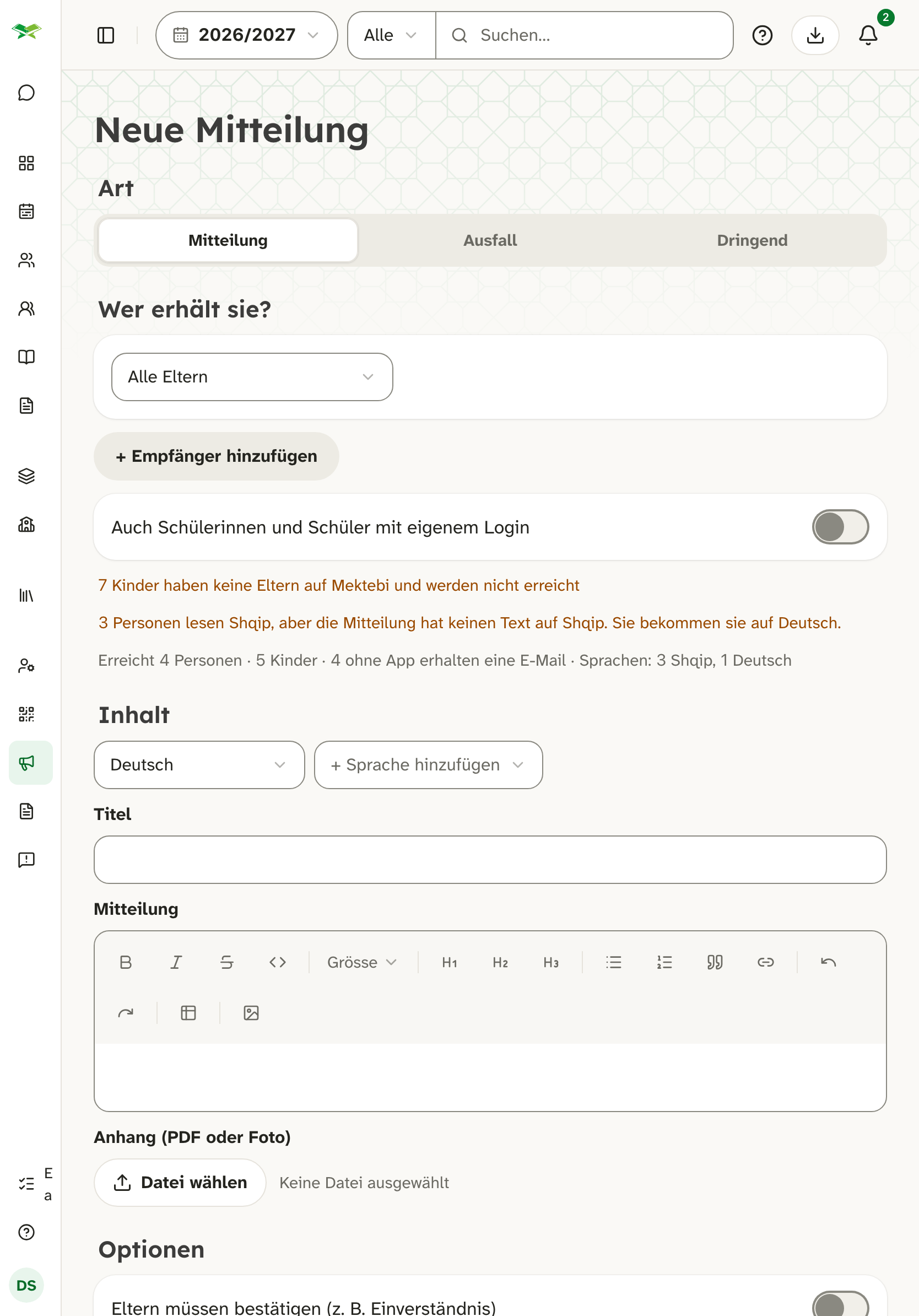 Formular «Neue Mitteilung» mit Art, Empfänger (Alle Eltern), Titel, Texteditor und Optionen.
