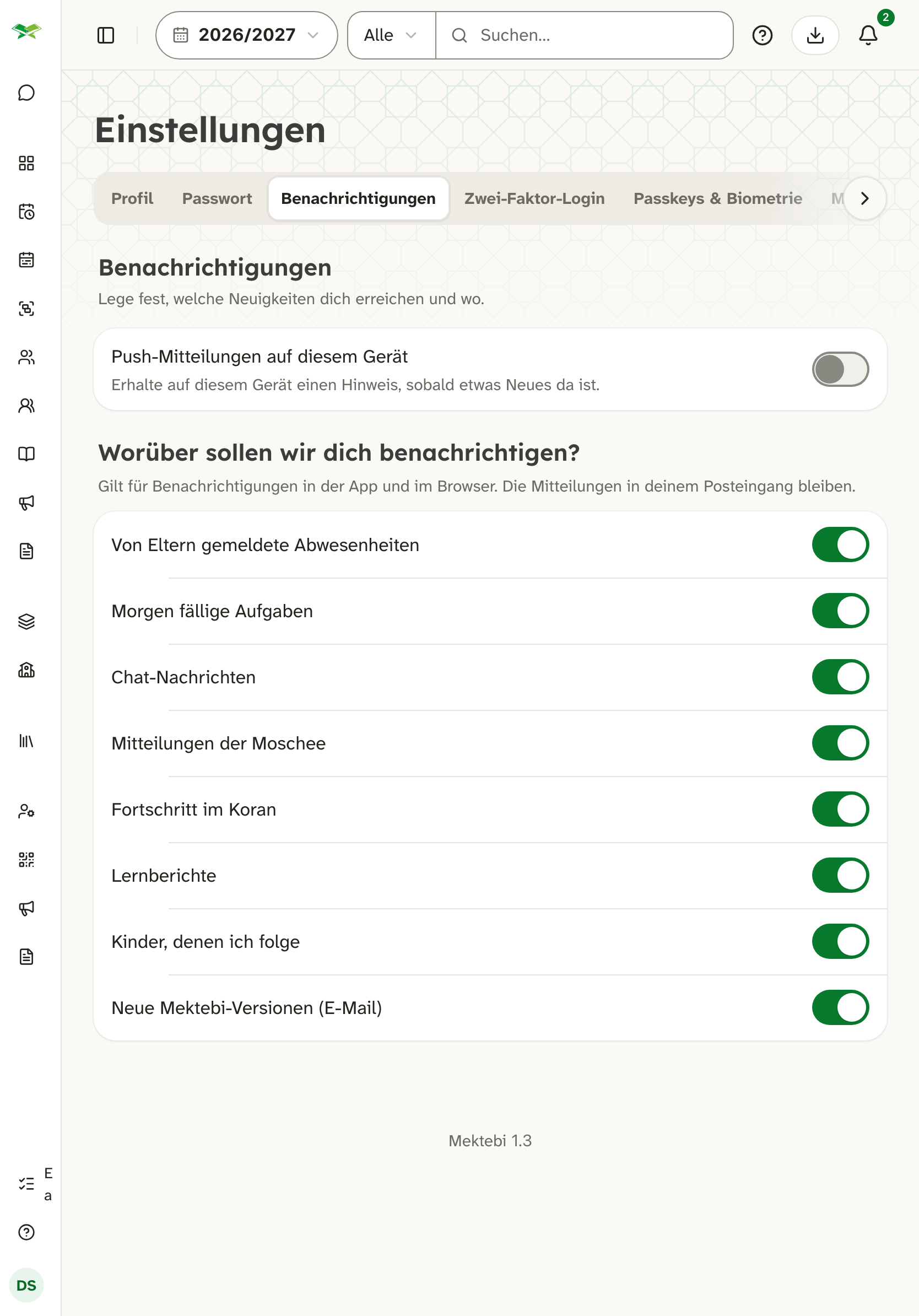 Benachrichtigungs-Einstellungen mit Push-Schalter für dieses Gerät und je einem Schalter pro Thema.