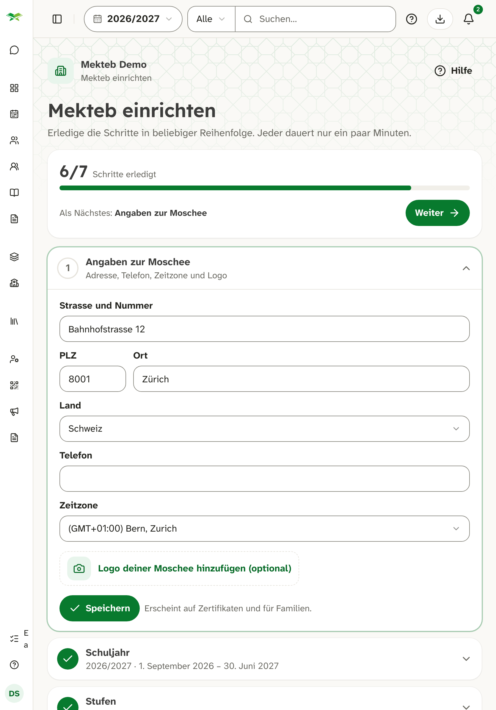 Seite «Mekteb einrichten»: 6 von 7 Schritten erledigt, der Schritt «Angaben zur Moschee» ist offen.