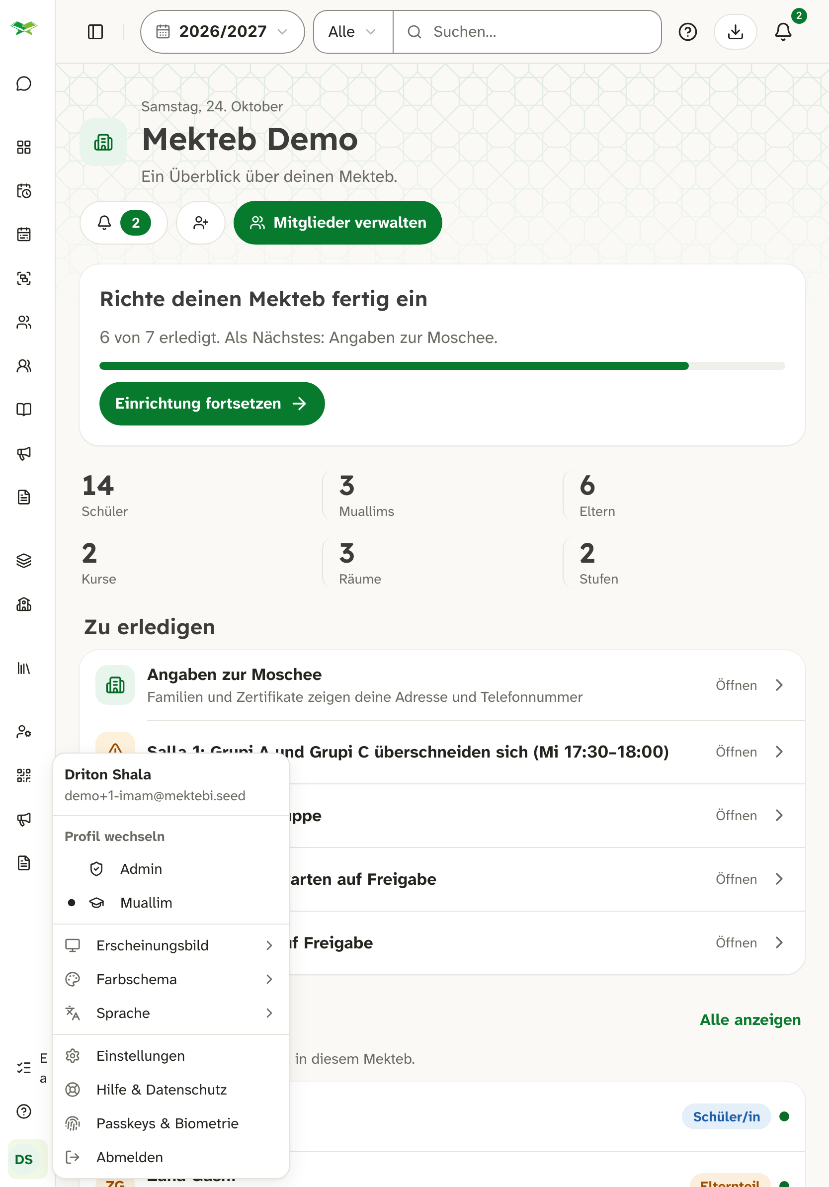 Profilmenü von Driton Shala; «Profil wechseln» zeigt Admin und Muallim, aktuell ist Muallim.