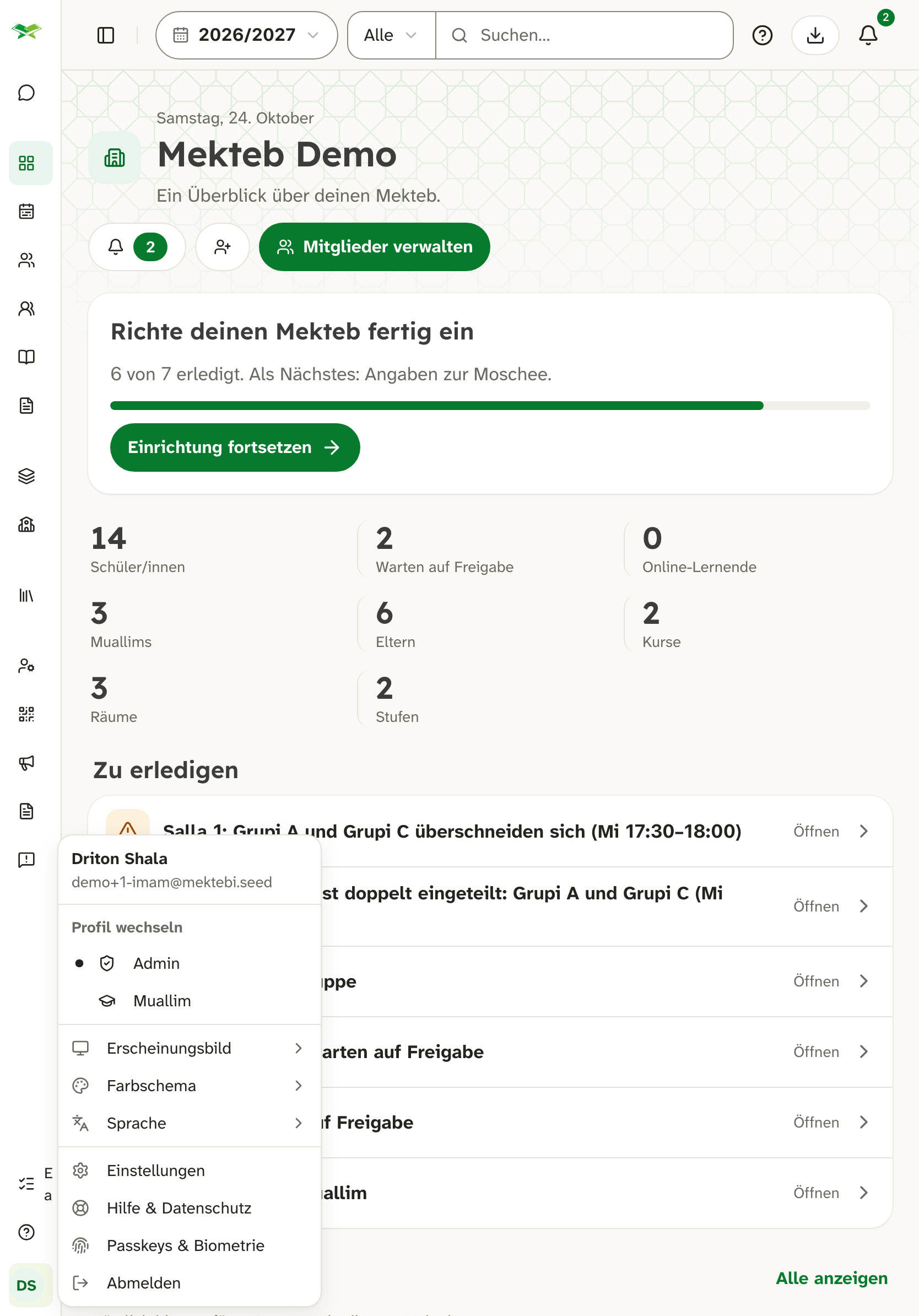 Profilmenü von Driton Shala; «Profil wechseln» zeigt Admin und Muallim, aktuell ist Muallim.
