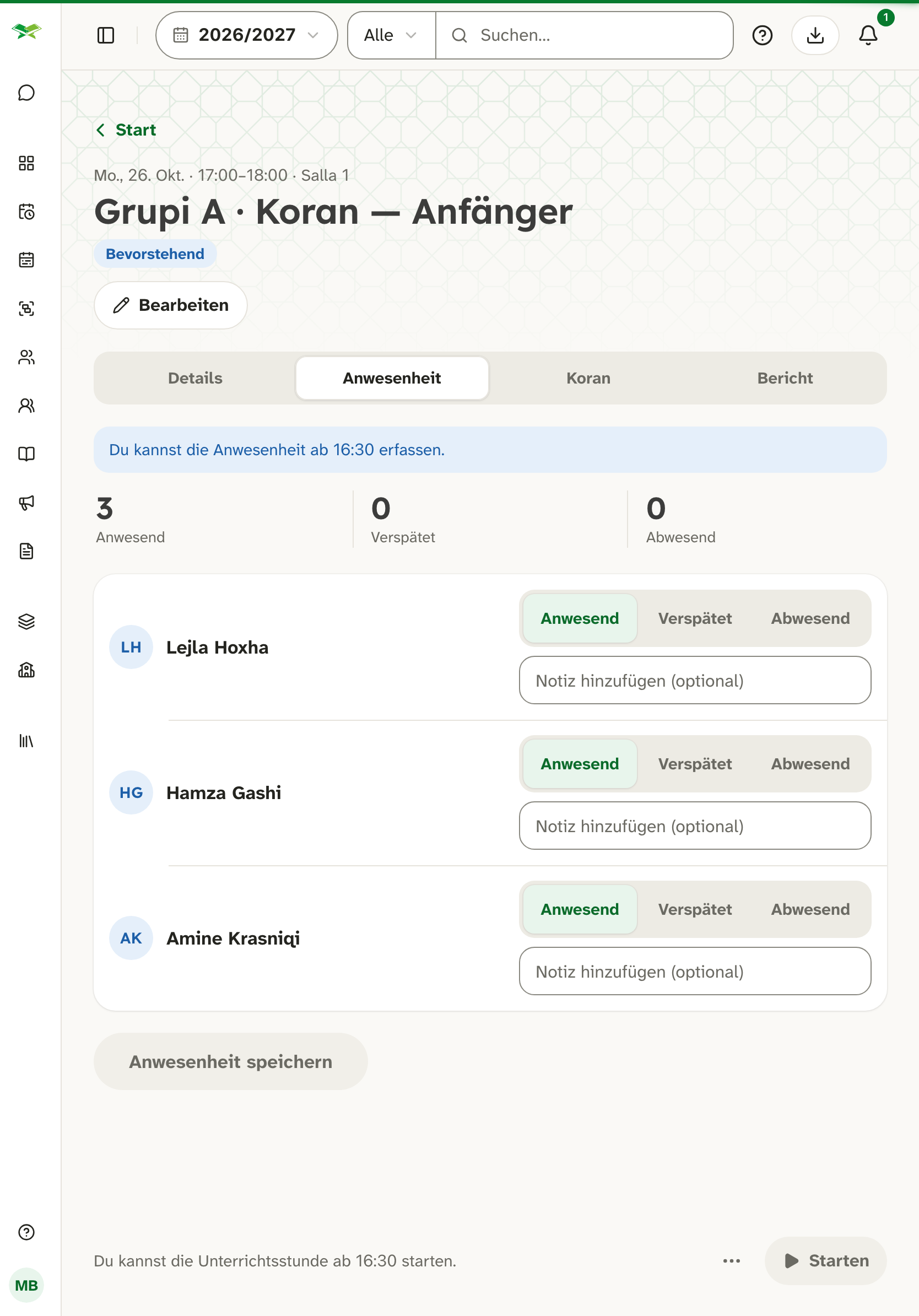 Tab «Anwesenheit» von Grupi A, Koran — Anfänger: drei Schüler, je mit Anwesend, Verspätet und Abwesend.