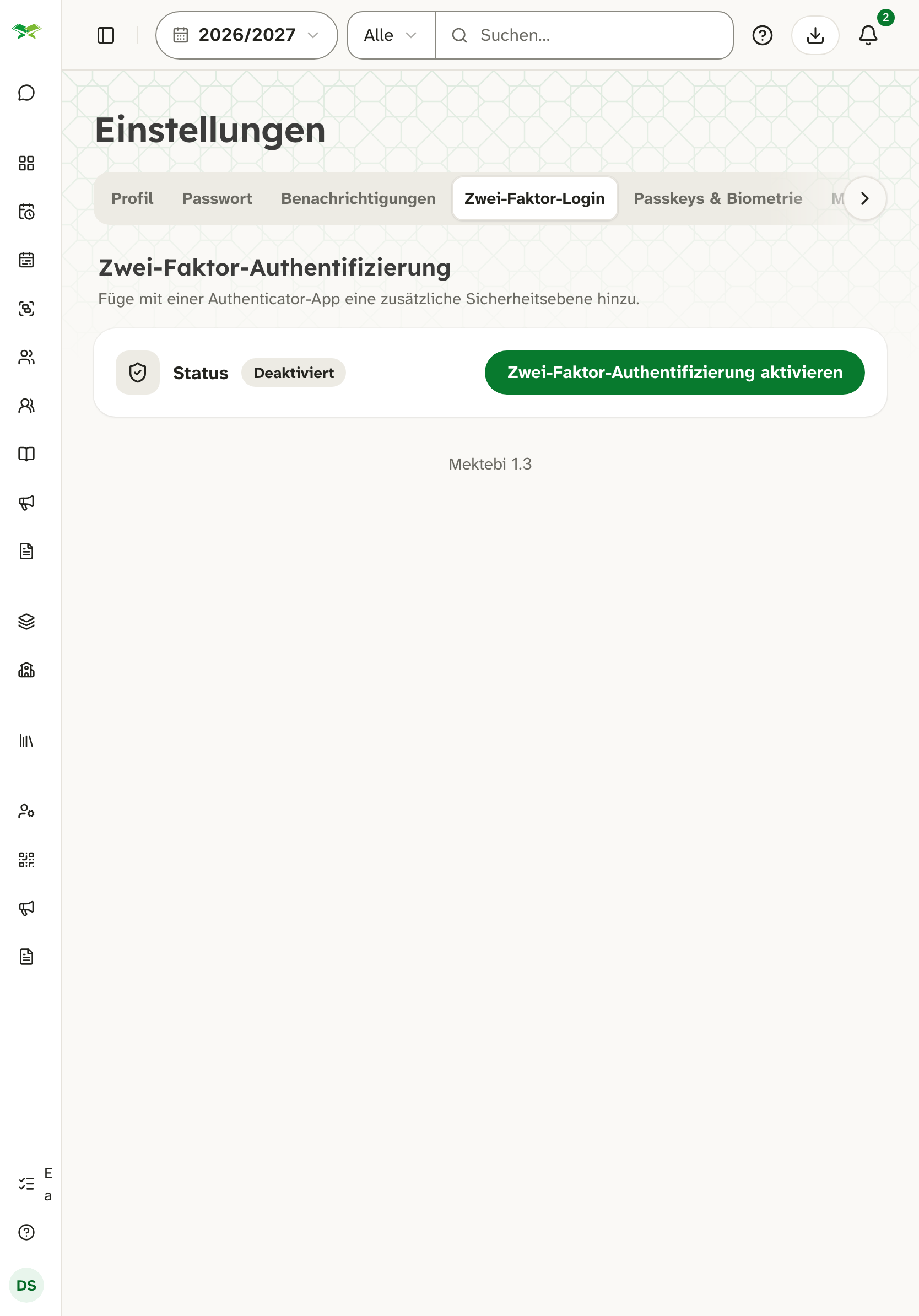 Einstellungs-Tab «Zwei-Faktor-Login» mit Status «Deaktiviert» und einem Knopf zum Aktivieren.