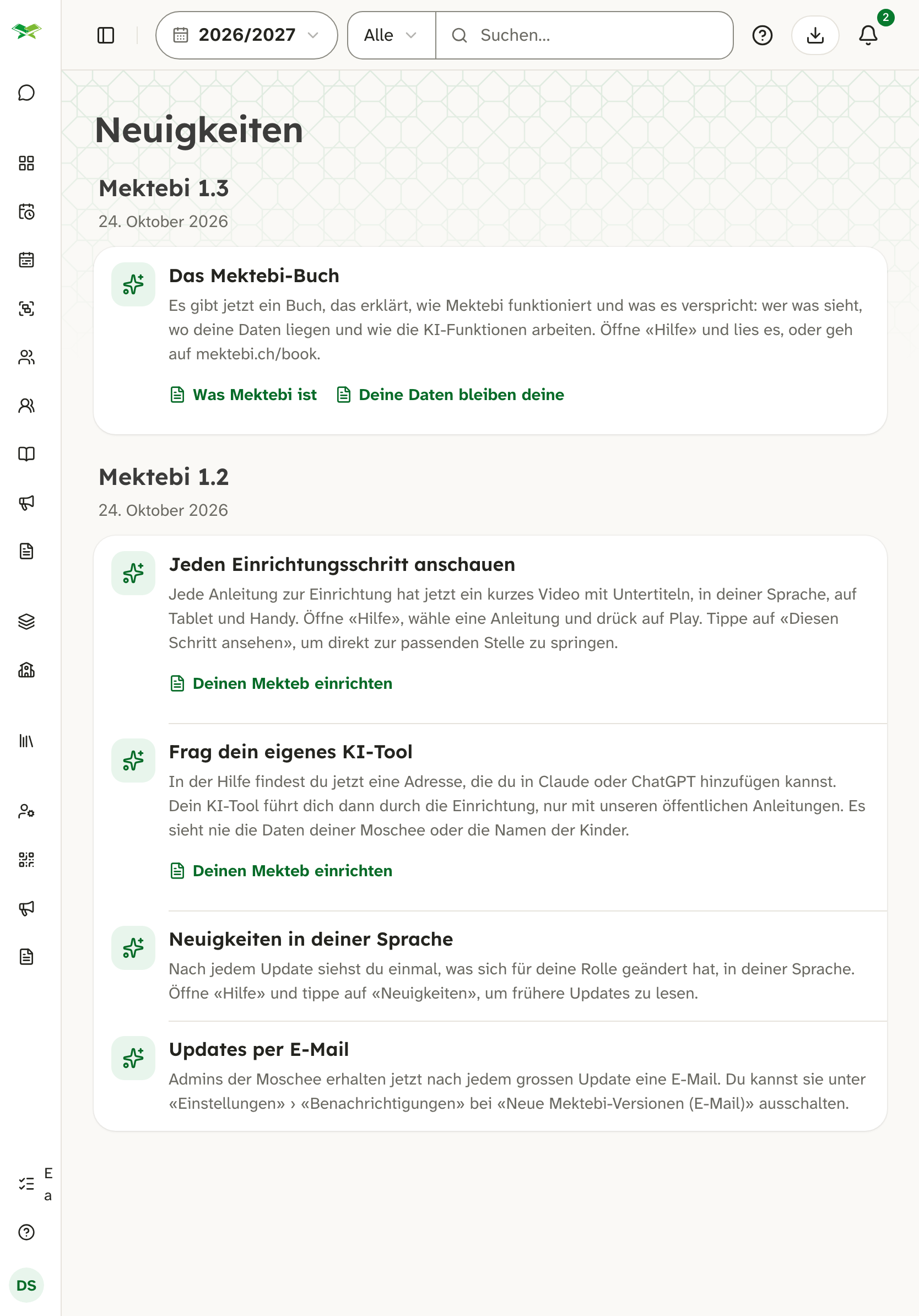 Seite «Neuigkeiten» mit Mektebi 1.3 (Das Mektebi-Buch) über Mektebi 1.2 mit vier Neuerungen.