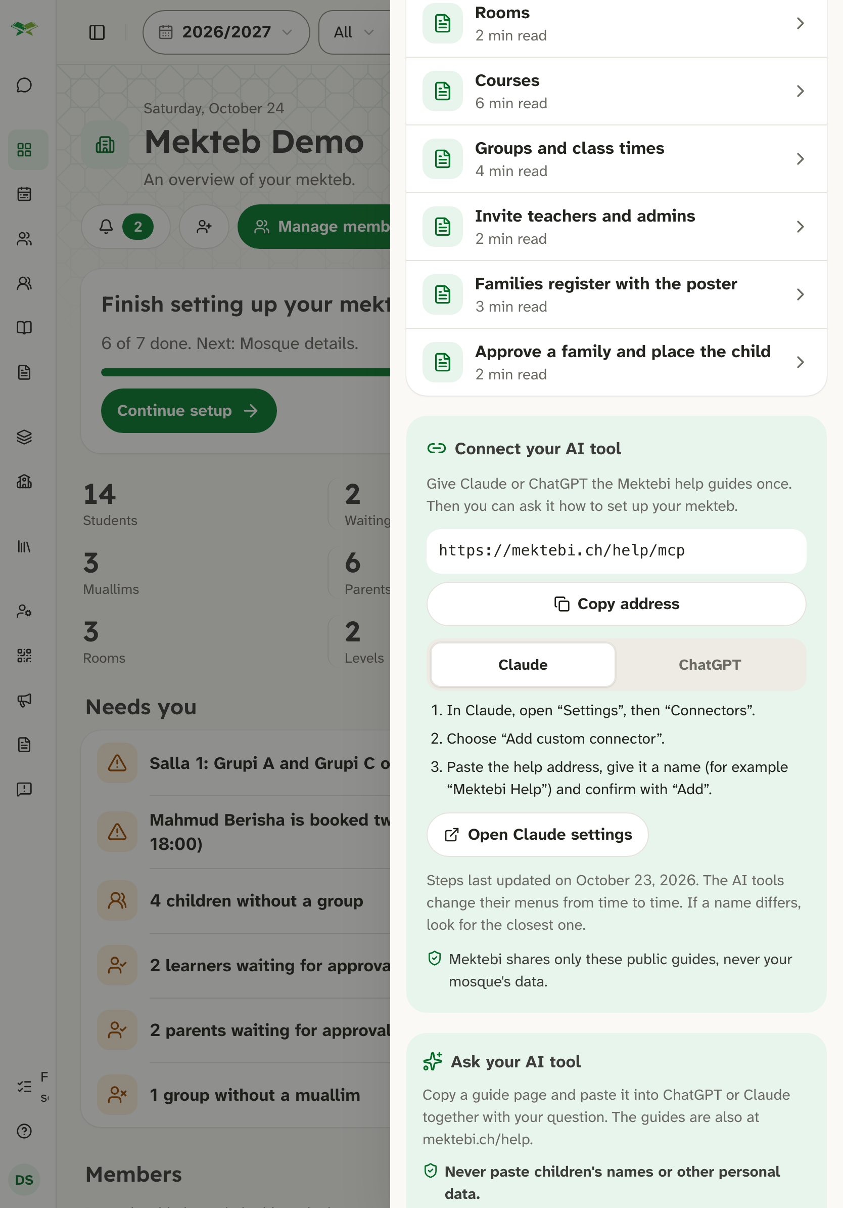 Help panel card "Connect your AI tool" with the help address, a copy button and steps for Claude.