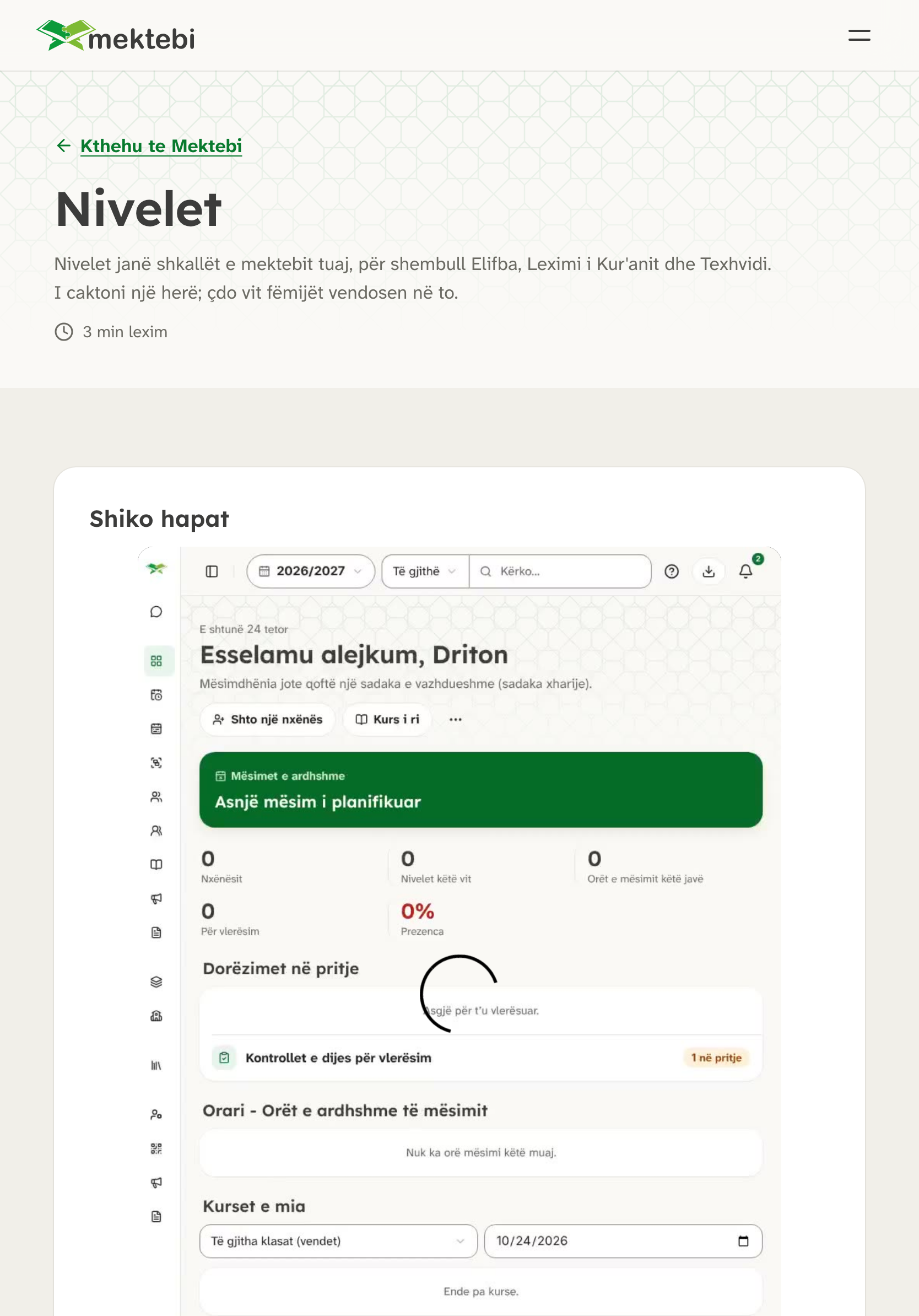 The "Levels" help guide in Albanian: title, summary, reading time and the first step.