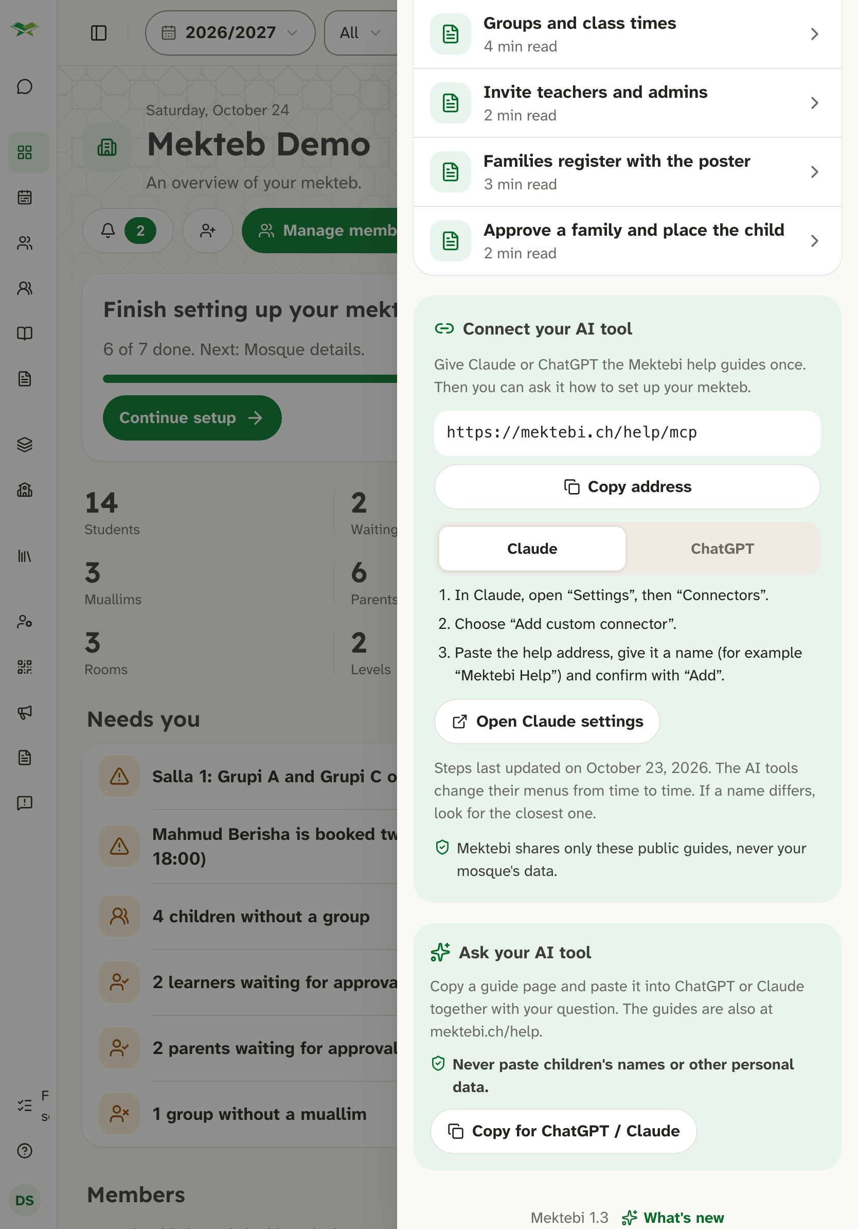 Help panel with the guides list and an AI card; the footer reads "Mektebi 1.3" and "What's new".