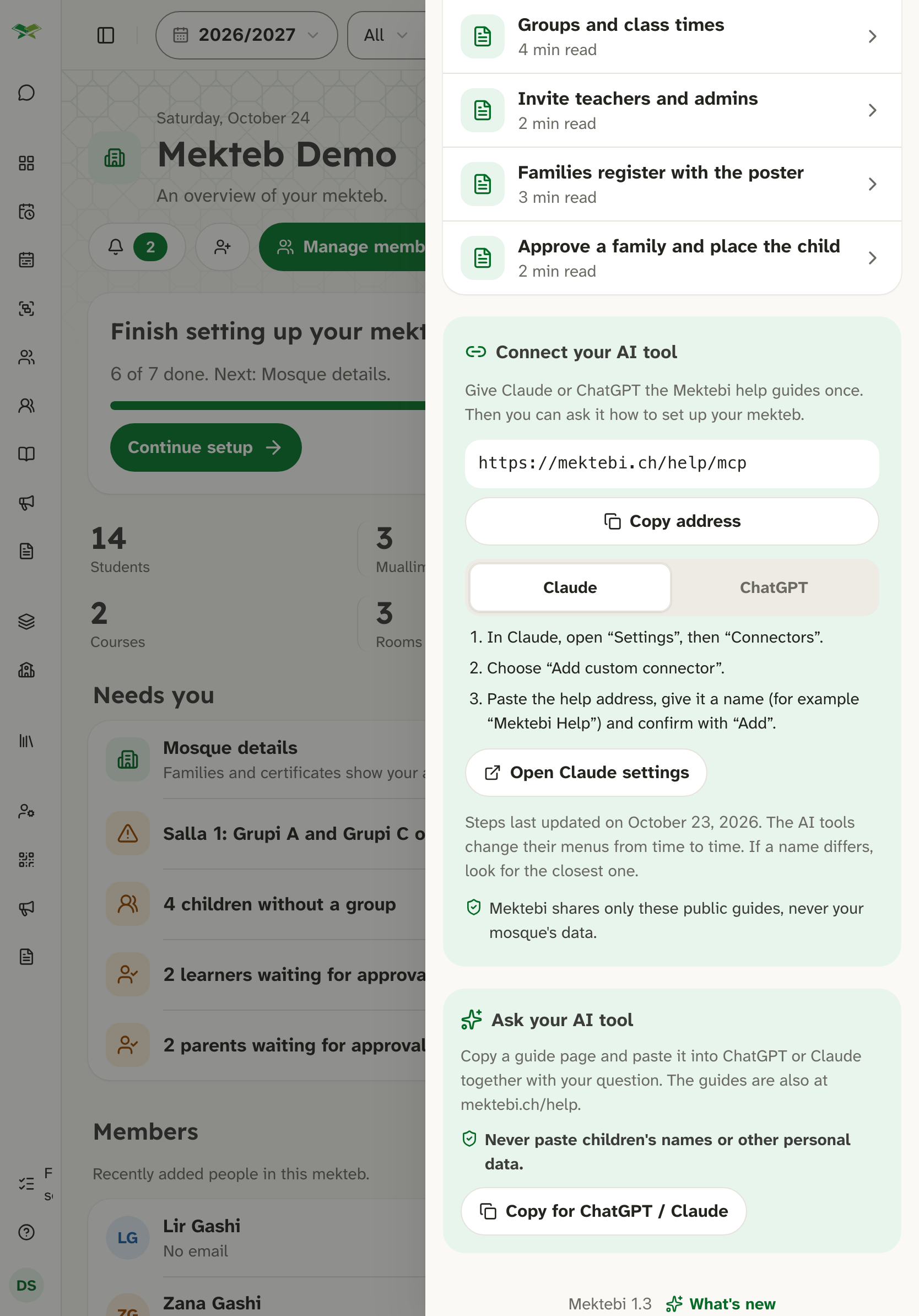 Help panel with the guides list and an AI card; the footer reads "Mektebi 1.3" and "What's new".