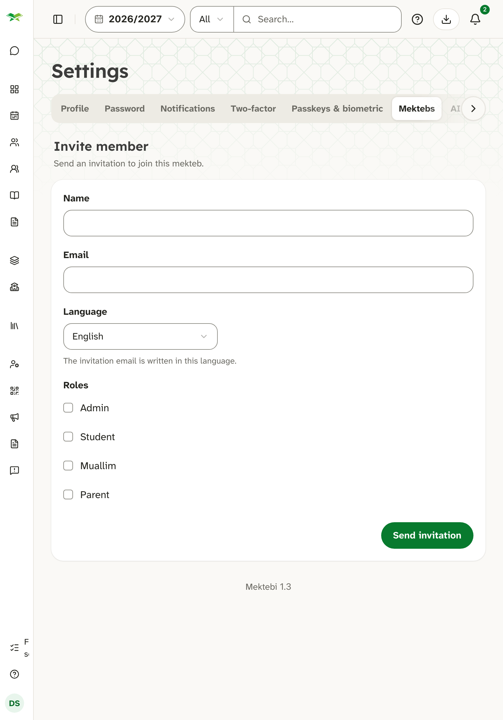The Invite member form with name, email, role boxes (Admin, Student, Muallim, Parent) and a send button.