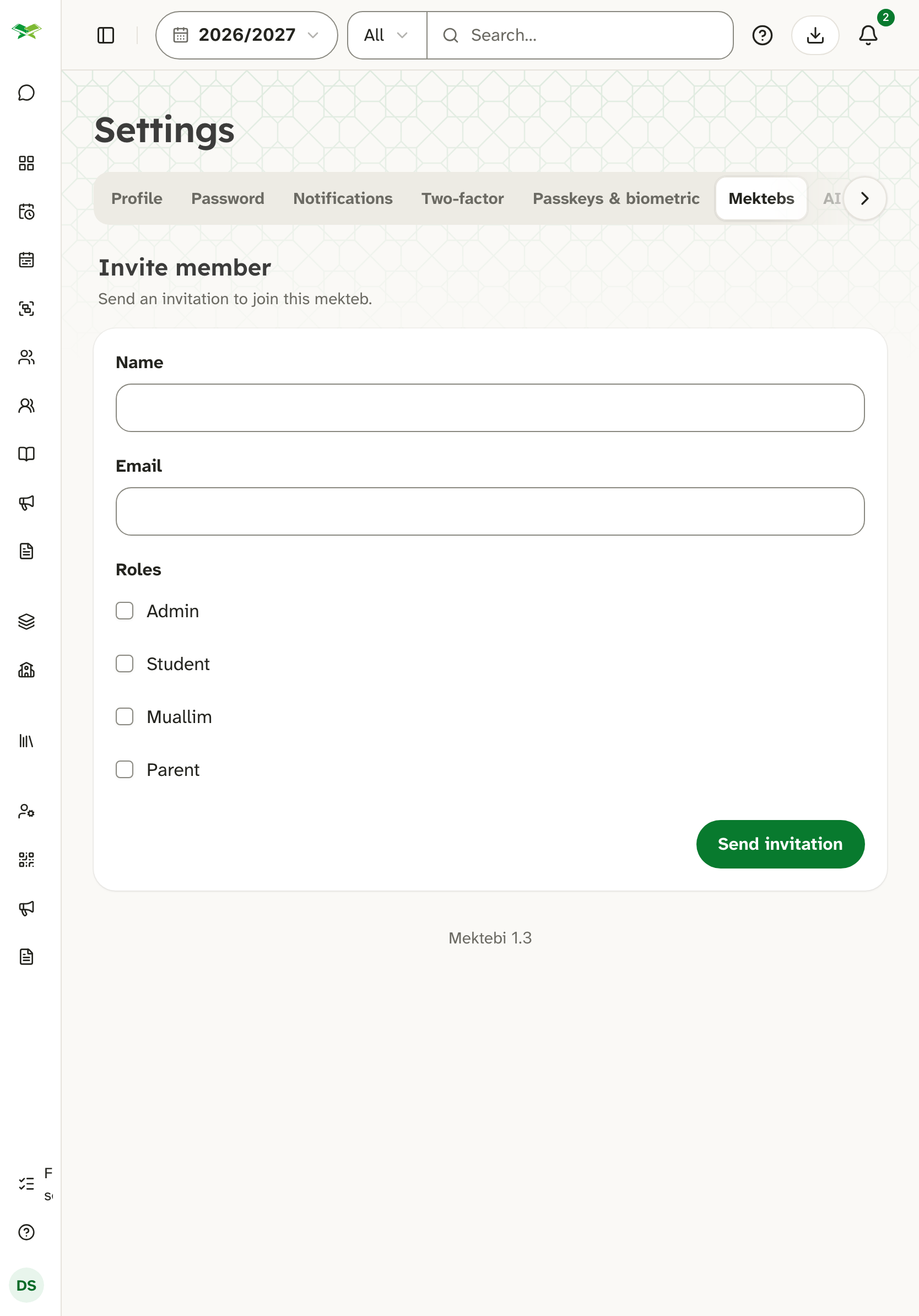 The Invite member form with name, email, role boxes (Admin, Student, Muallim, Parent) and a send button.