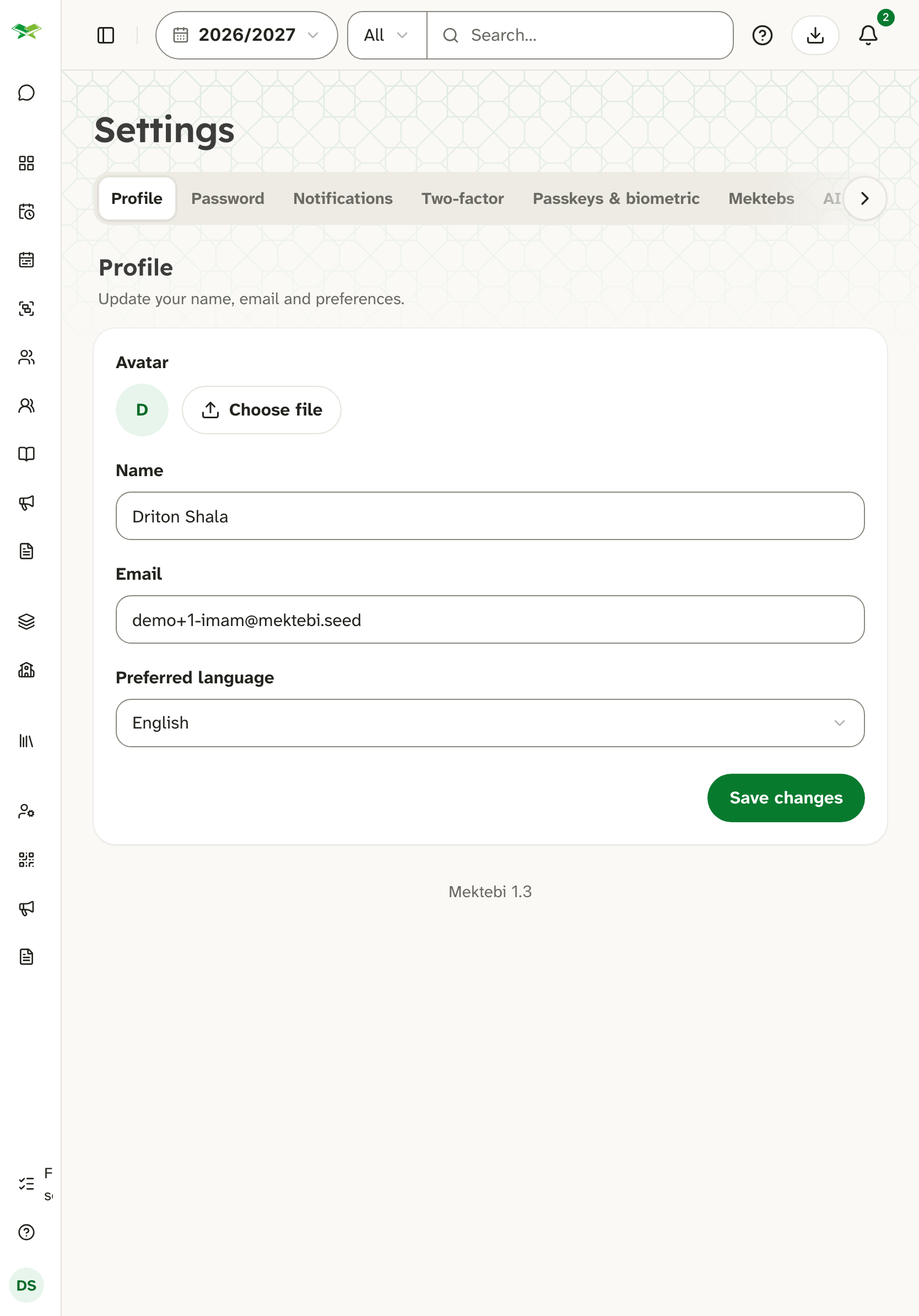 Profile settings of Driton Shala with name, email and the "Preferred language" menu set to English.