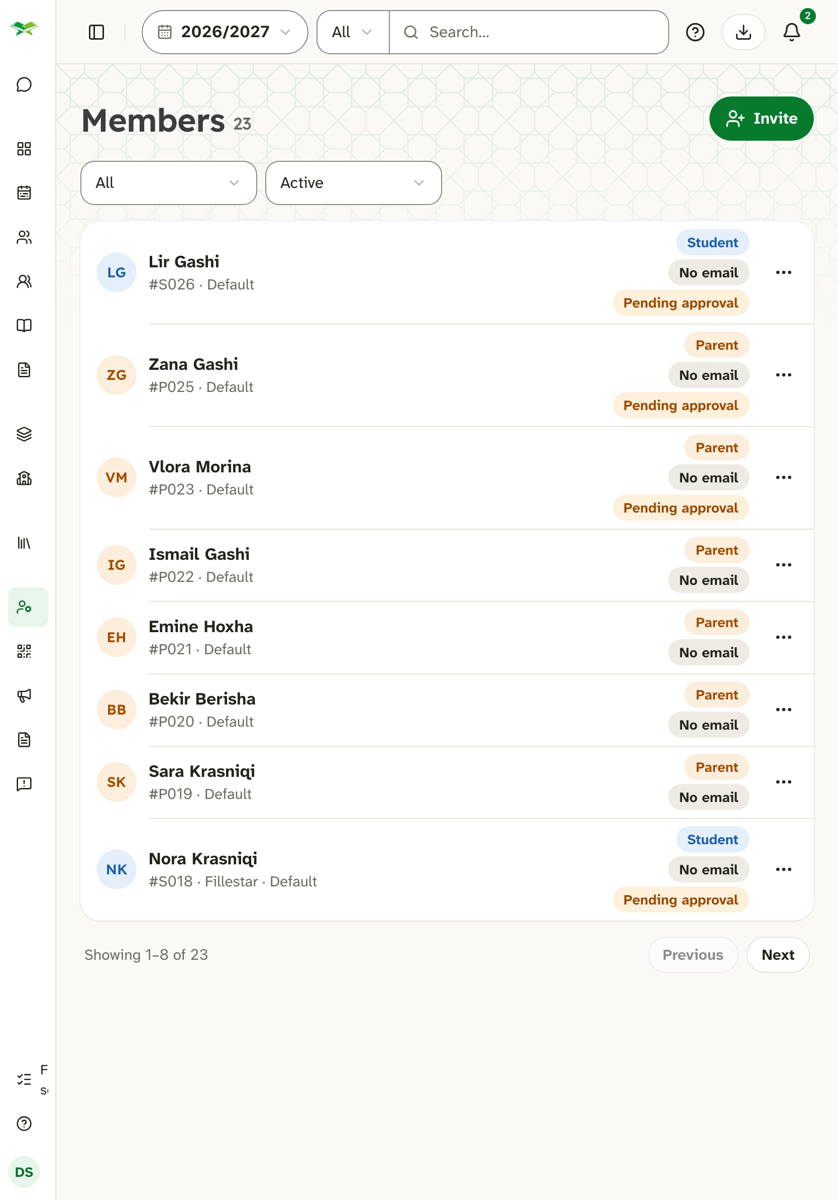 The Members page listing 25 people with status labels such as Confirmed and Pending approval, and an Invite button.
