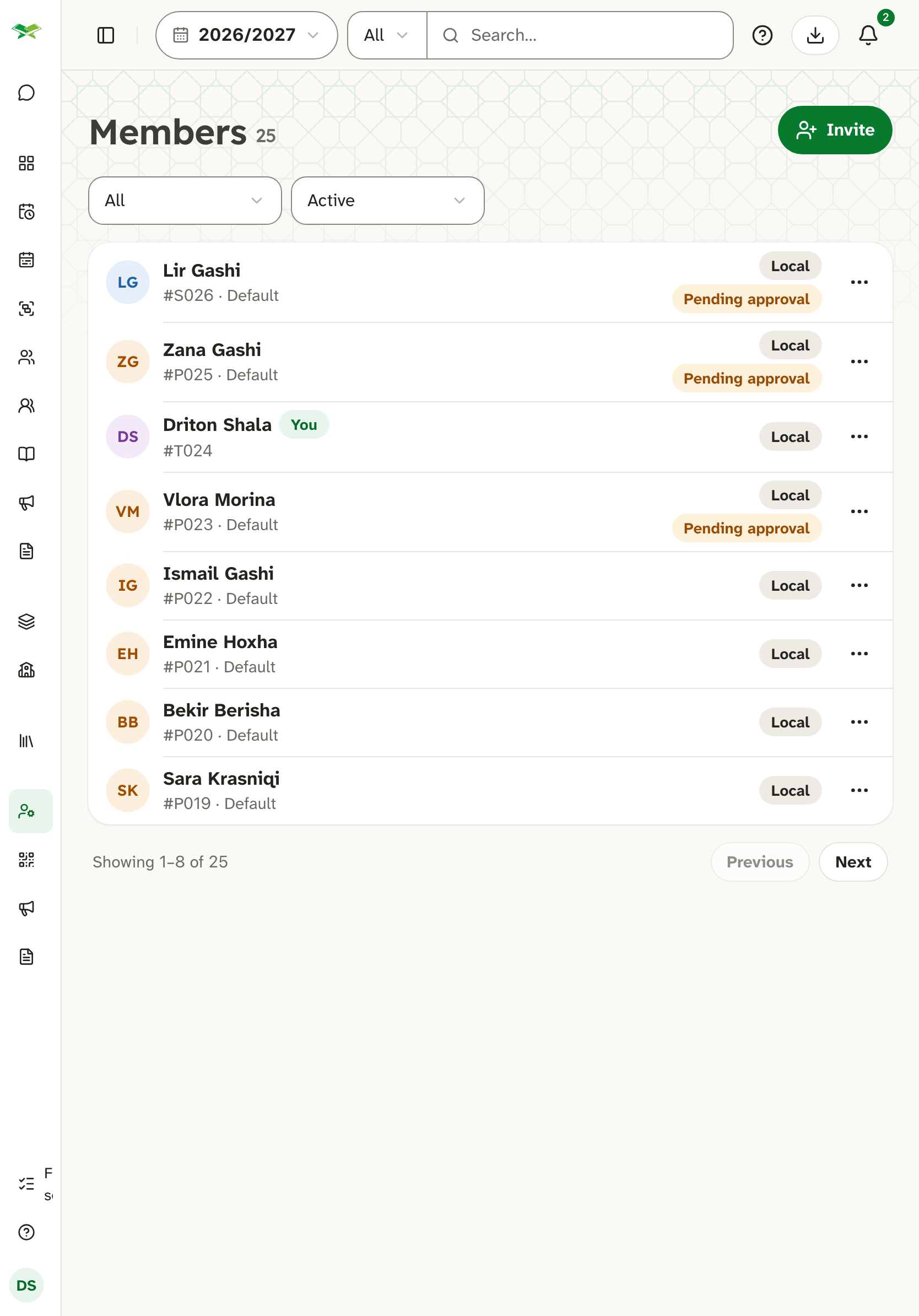 The Members page listing 25 people with status labels such as Confirmed and Pending approval, and an Invite button.