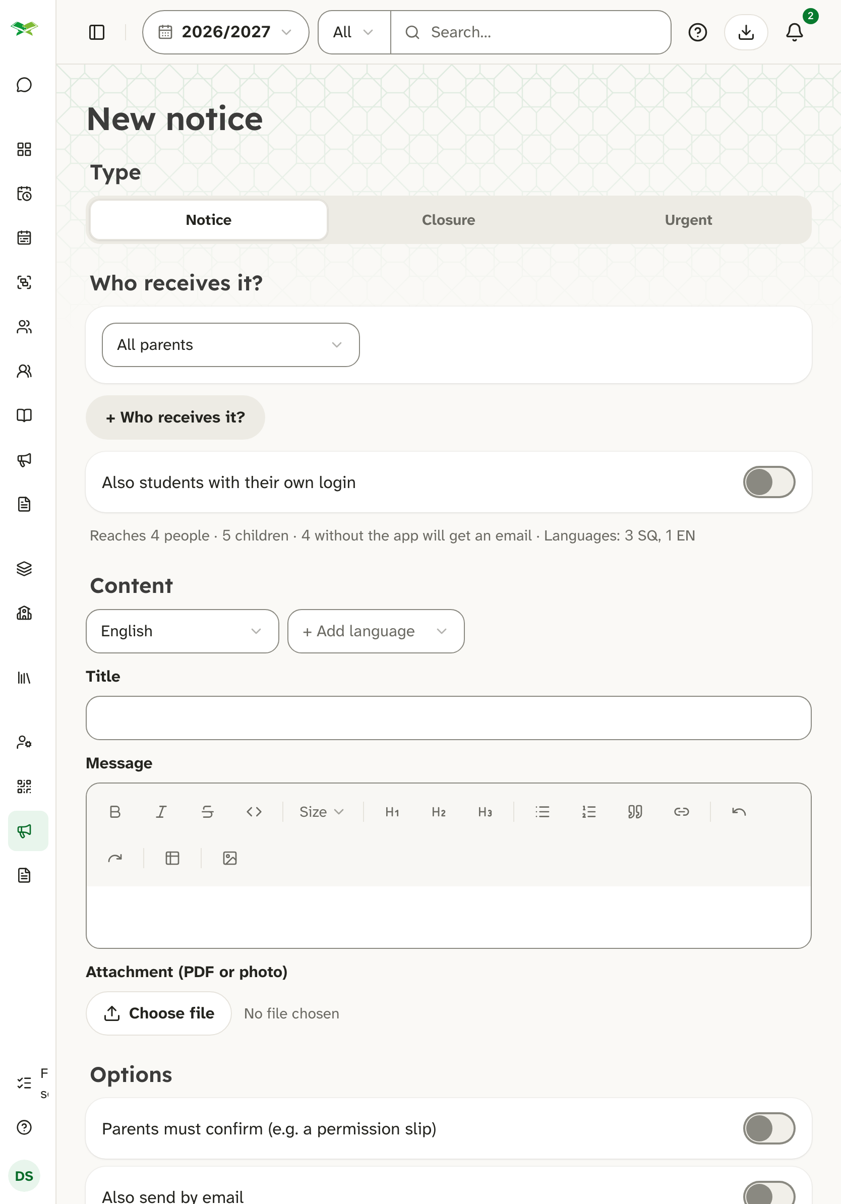 The New notice form with type, recipients (All parents), title, message editor and options.