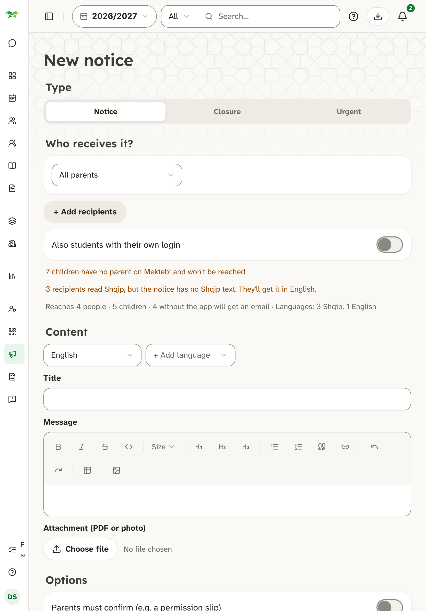The New notice form with type, recipients (All parents), title, message editor and options.