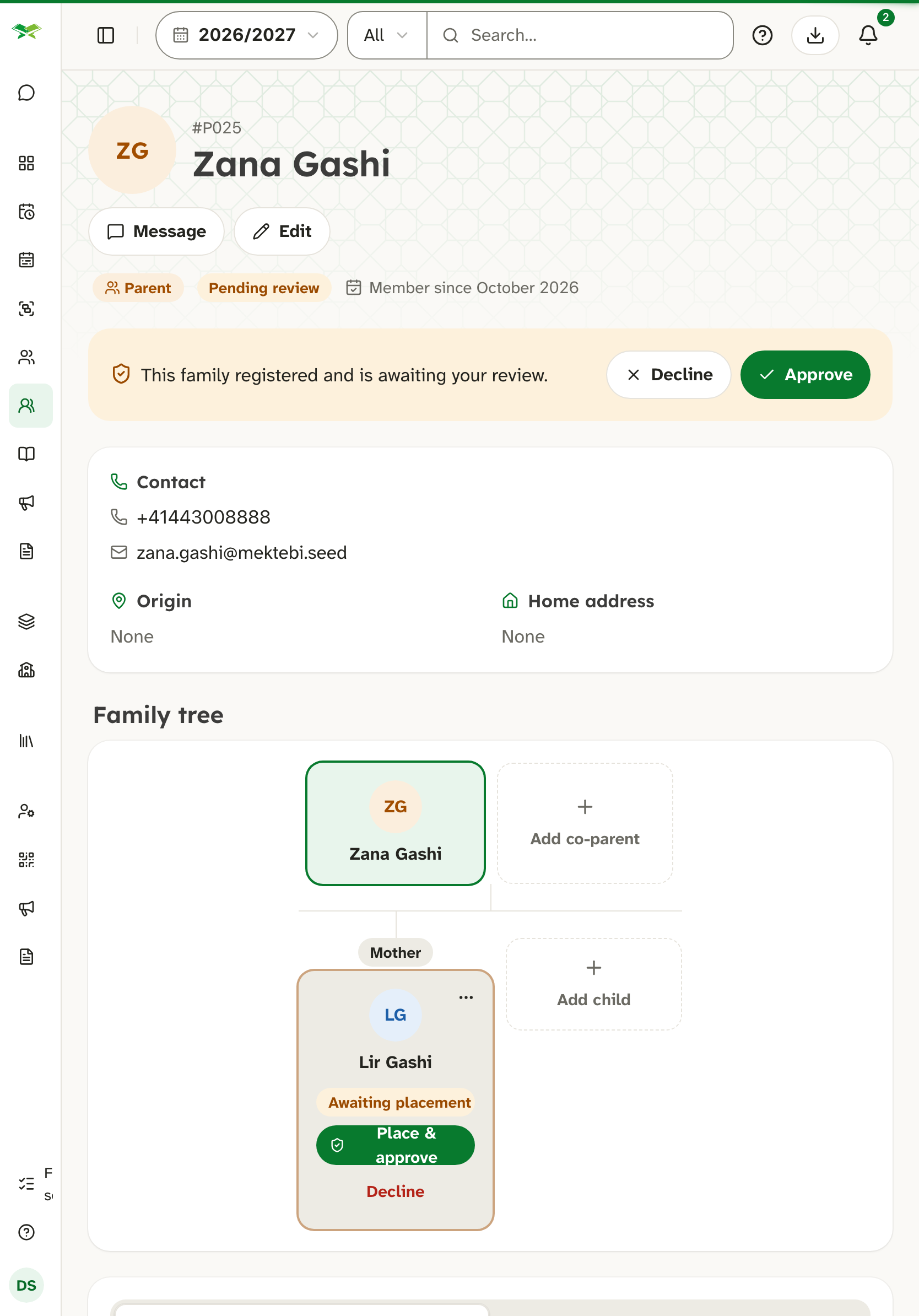 Zana Gashi's page marked Pending review, with Approve and Decline buttons and a family tree with her child.