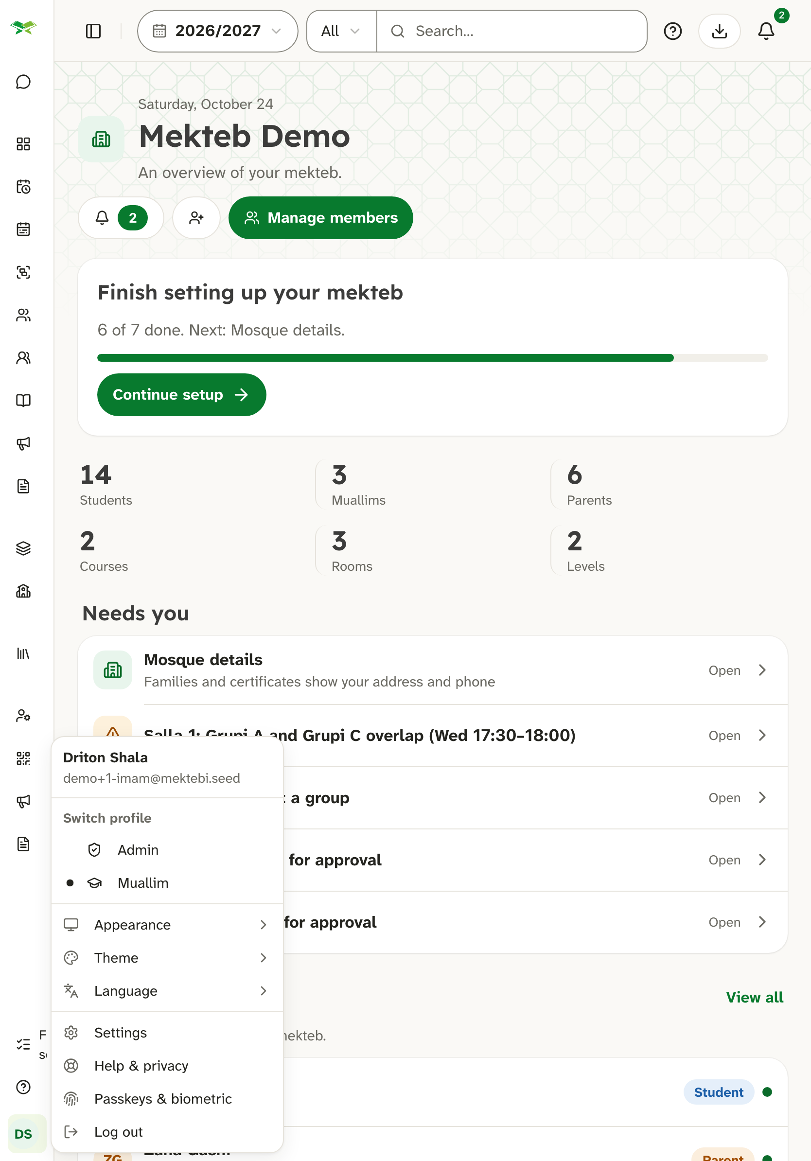 Driton Shala's profile menu open; "Switch profile" lists Admin and Muallim, with Muallim current.