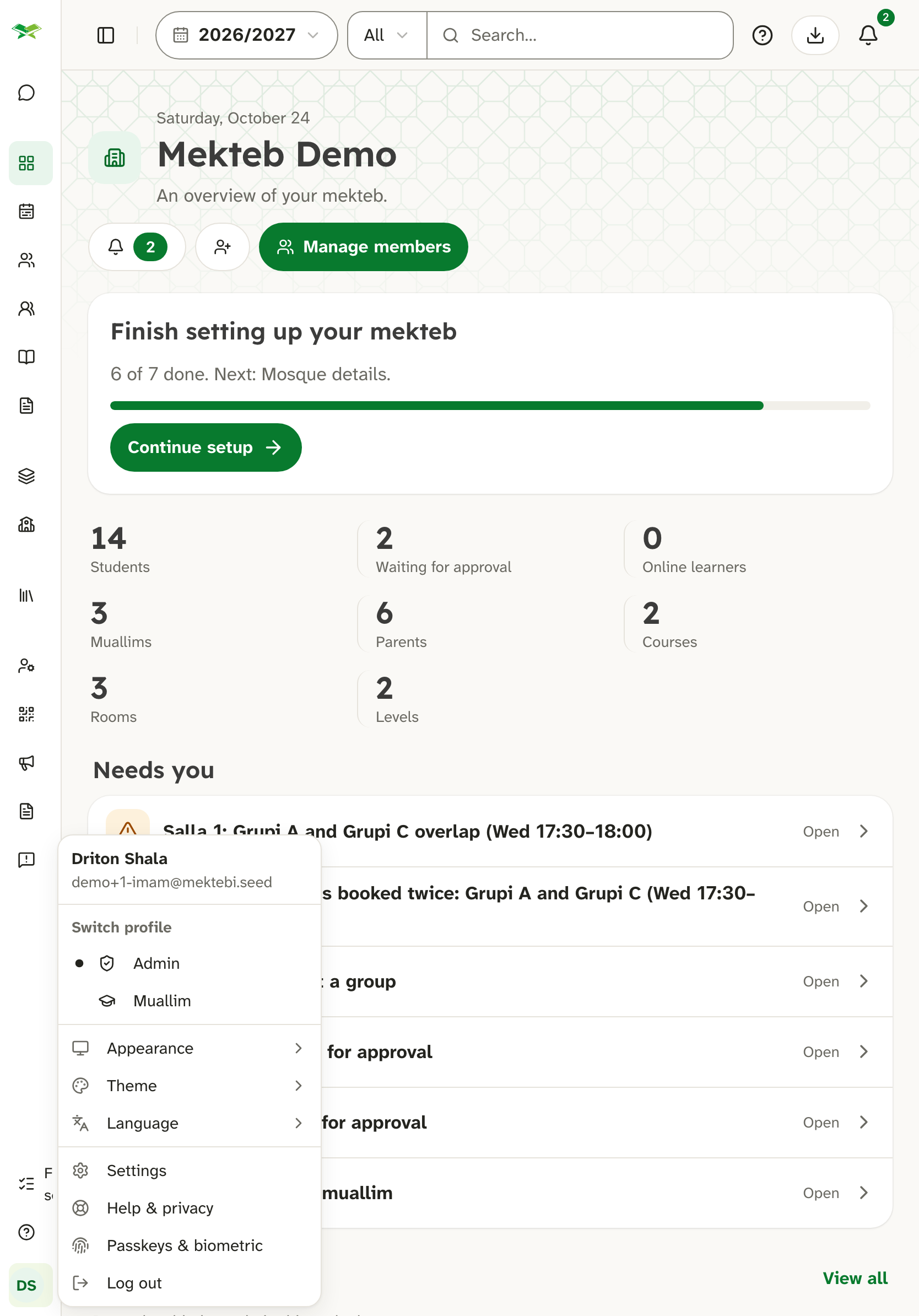 Driton Shala's profile menu open; "Switch profile" lists Admin and Muallim, with Muallim current.
