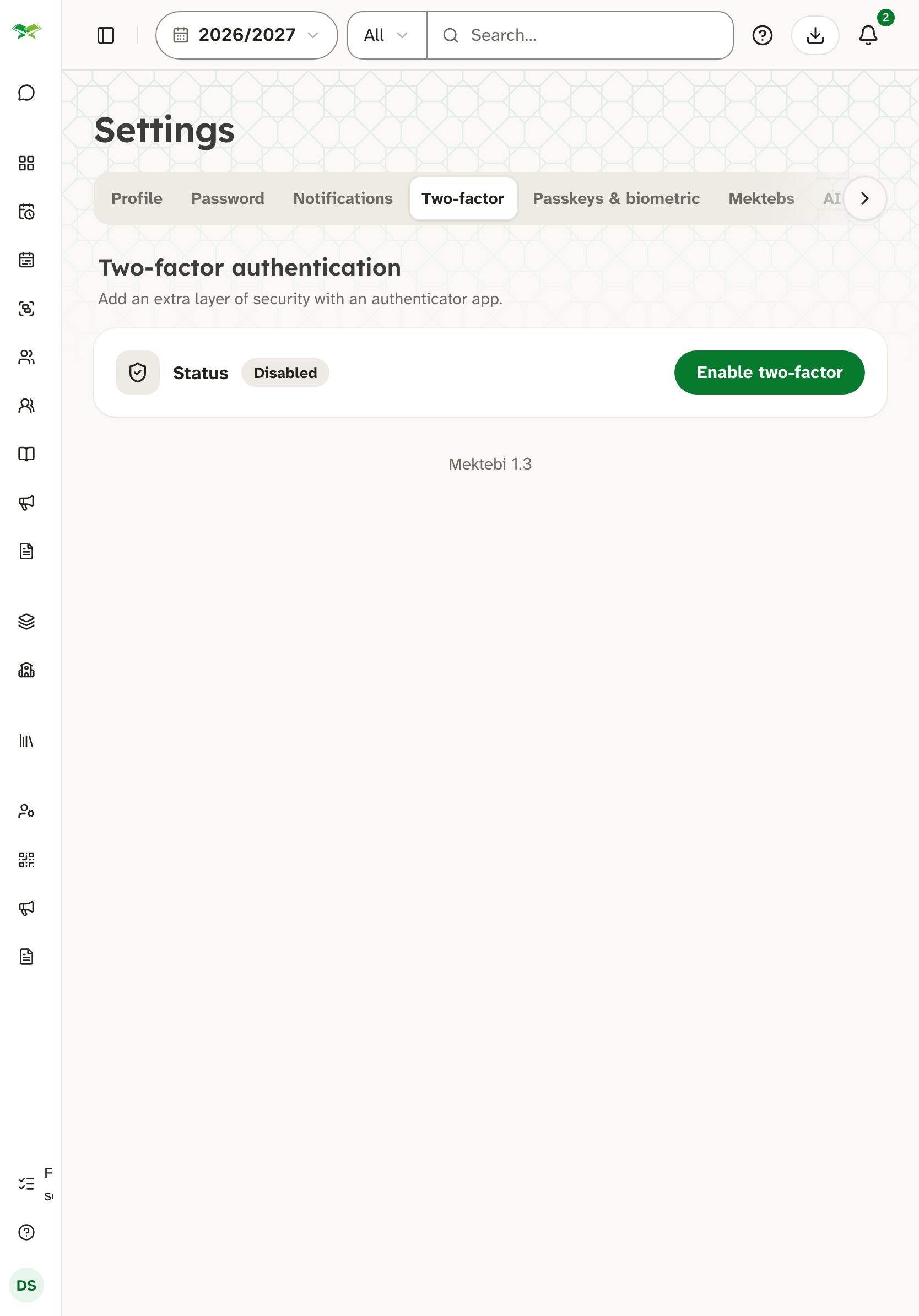 The Two-factor settings tab showing the status Disabled and an Enable two-factor button.