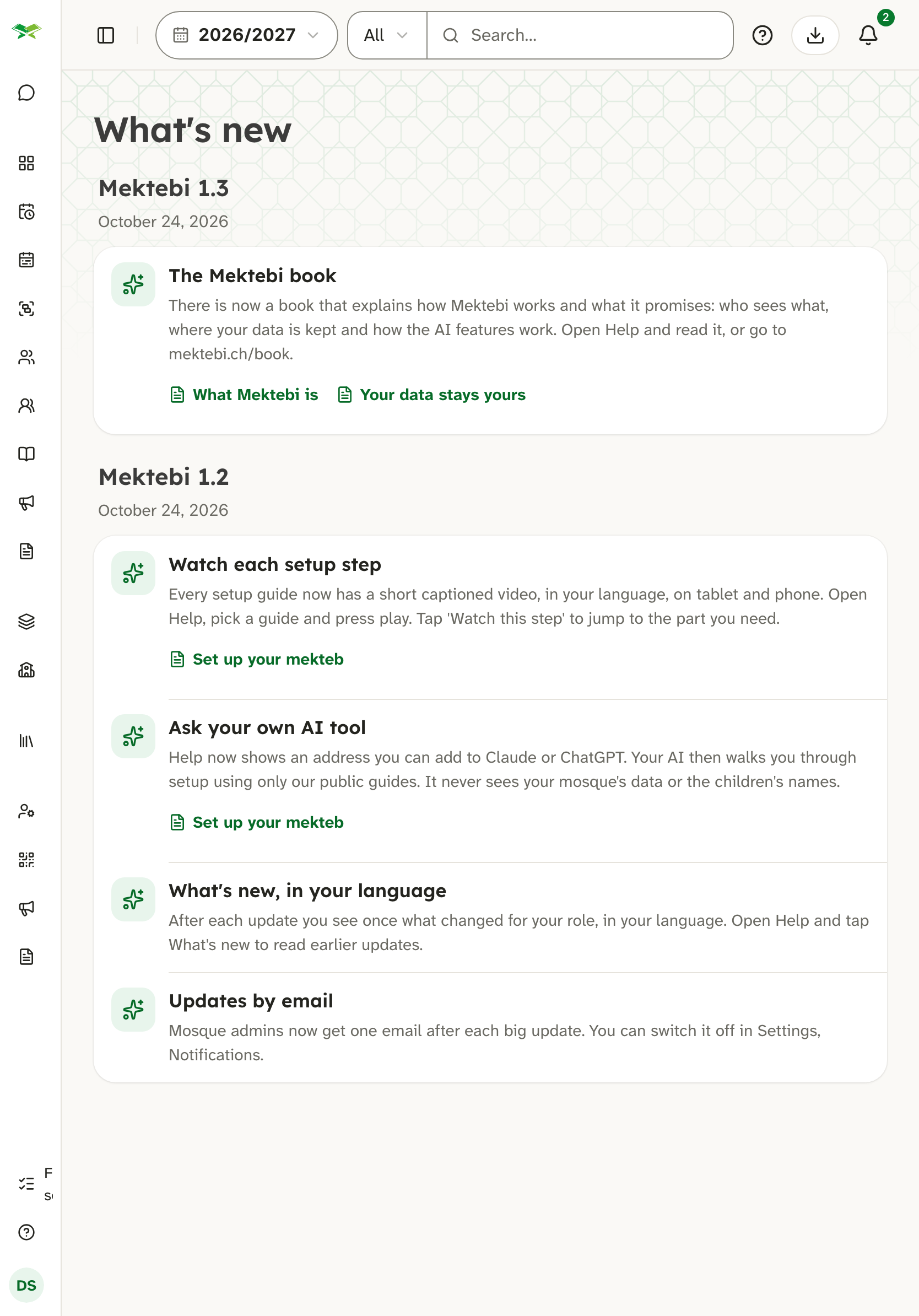 The What's new page with Mektebi 1.3 (The Mektebi book) above Mektebi 1.2 with four updates.
