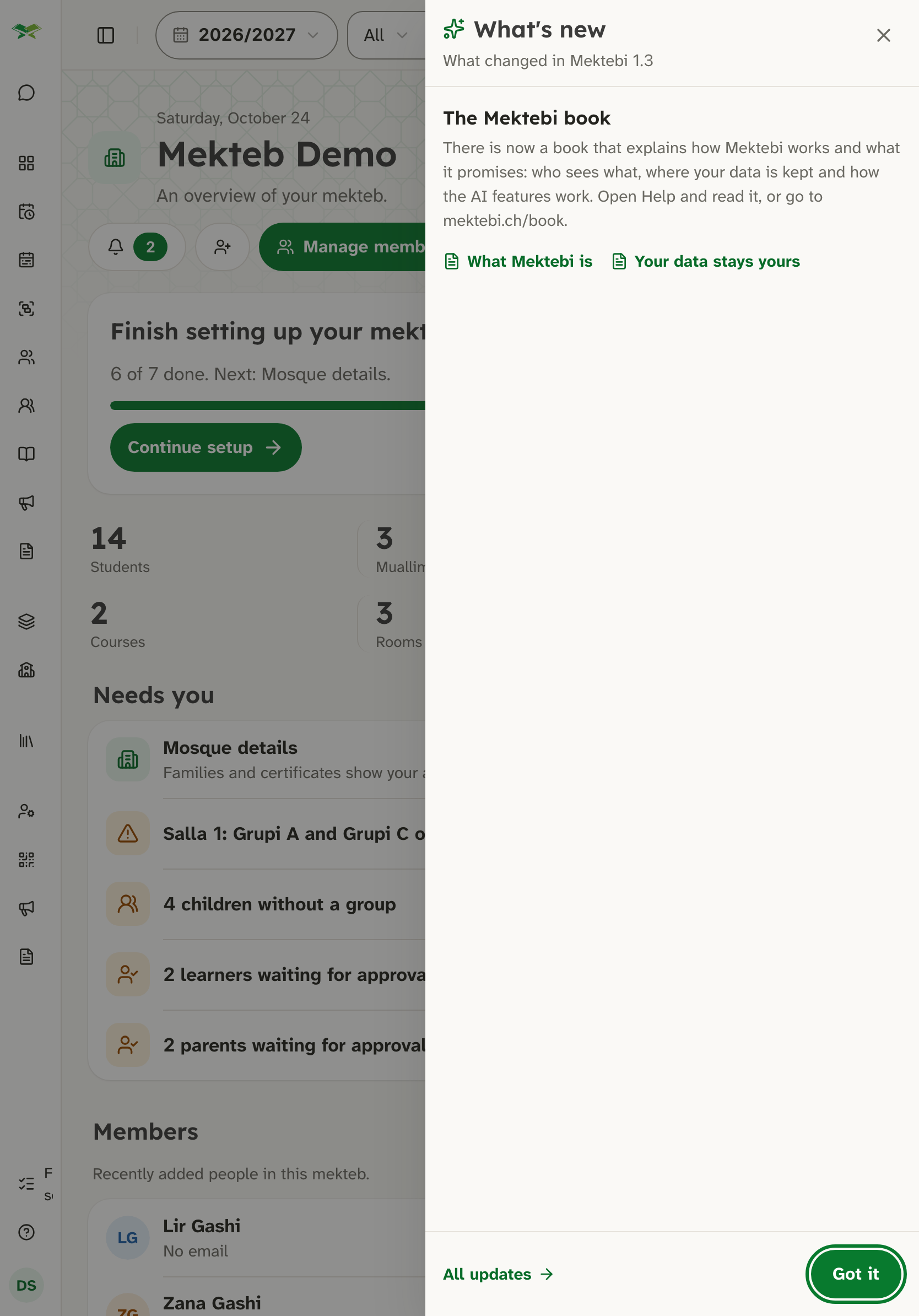 The What's new sheet over the dashboard: "What changed in Mektebi 1.3" with a Got it button.