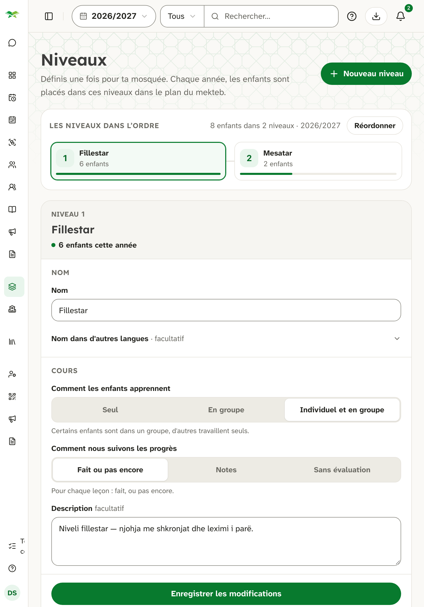 Page « Niveaux » avec deux niveaux, Fillestar et Mesatar, chacun avec mode d'apprentissage et effectif.