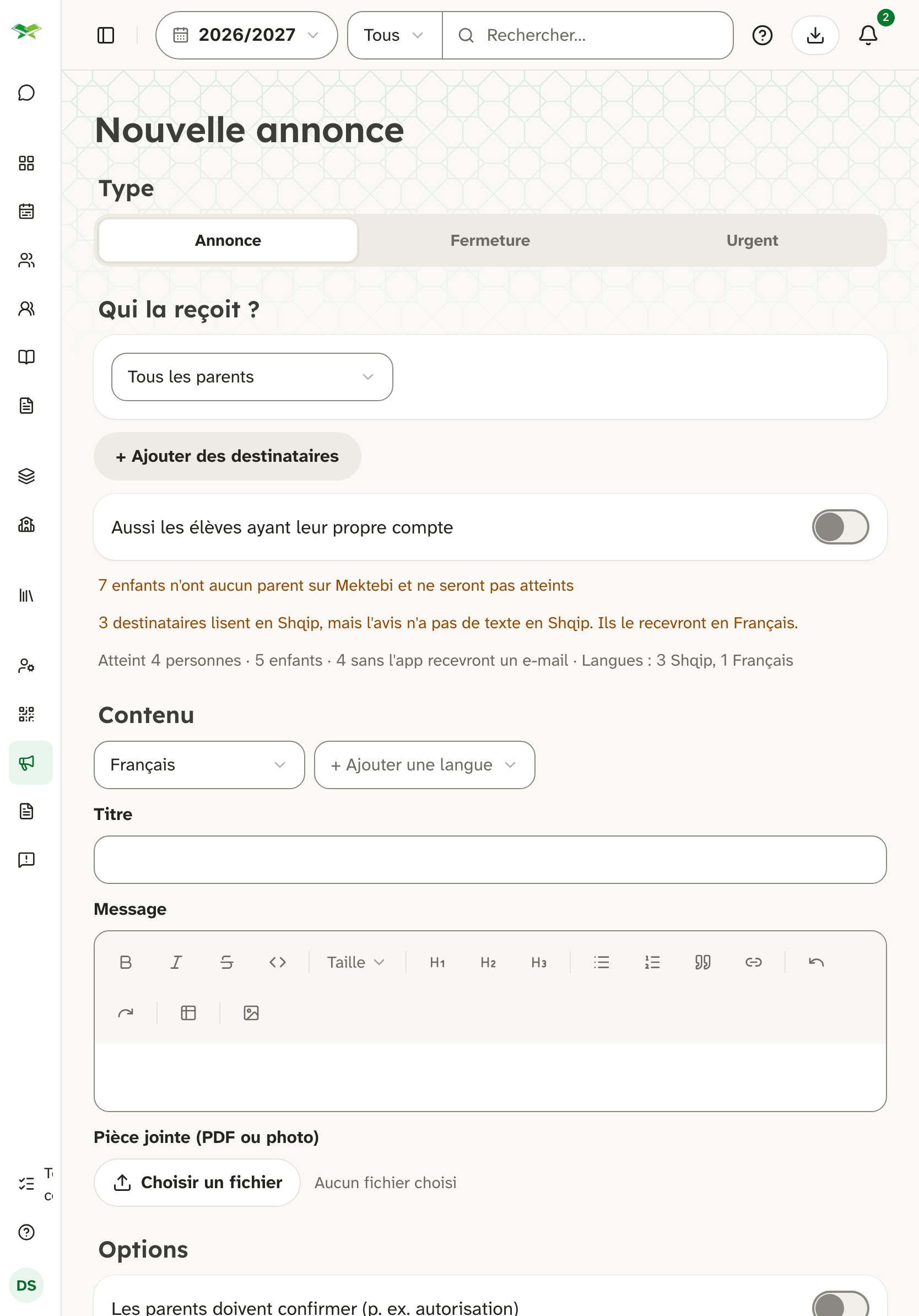 Formulaire « Nouvelle annonce » : type, destinataires (Tous les parents), titre, éditeur et options.