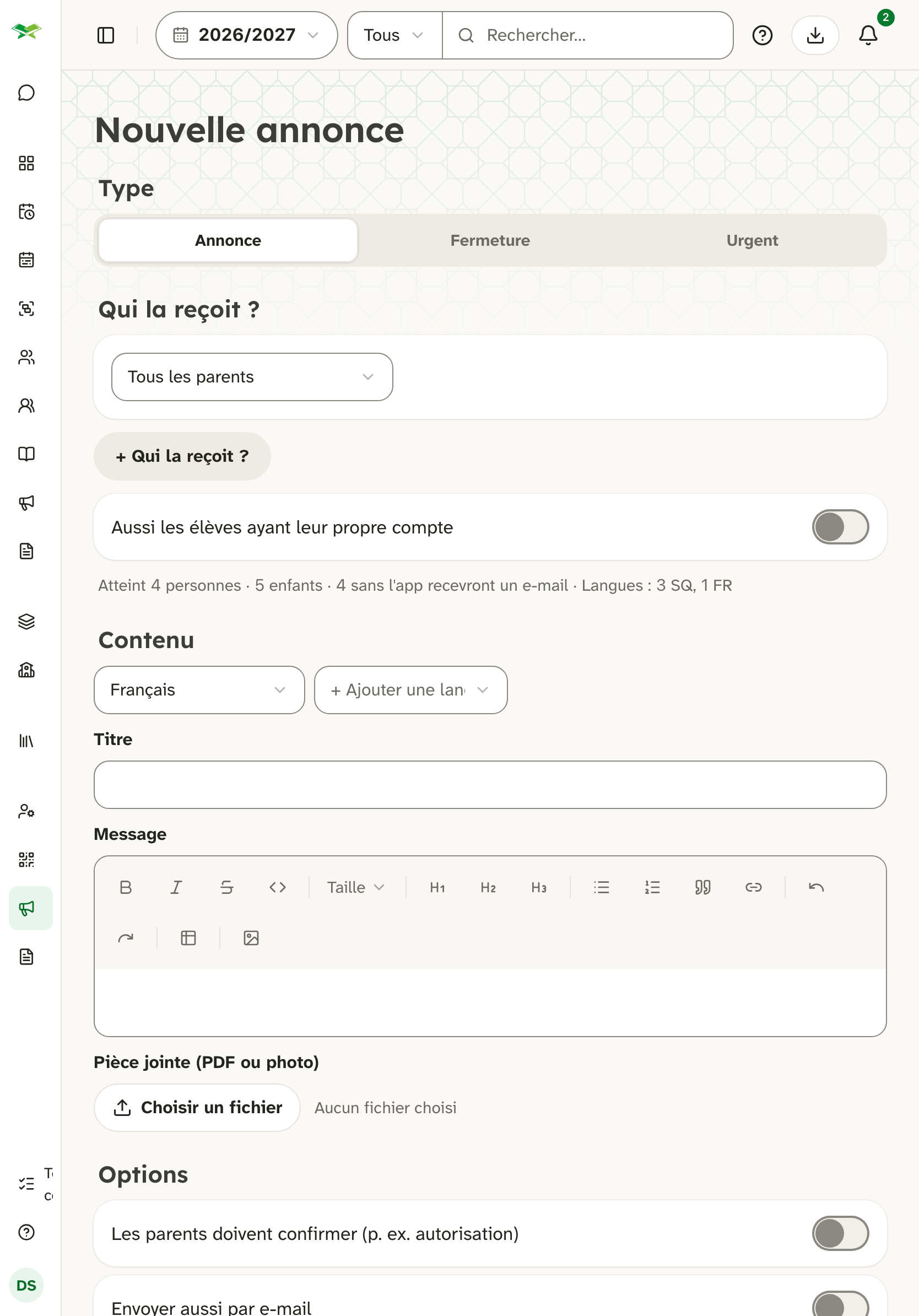 Formulaire « Nouvelle annonce » : type, destinataires (Tous les parents), titre, éditeur et options.