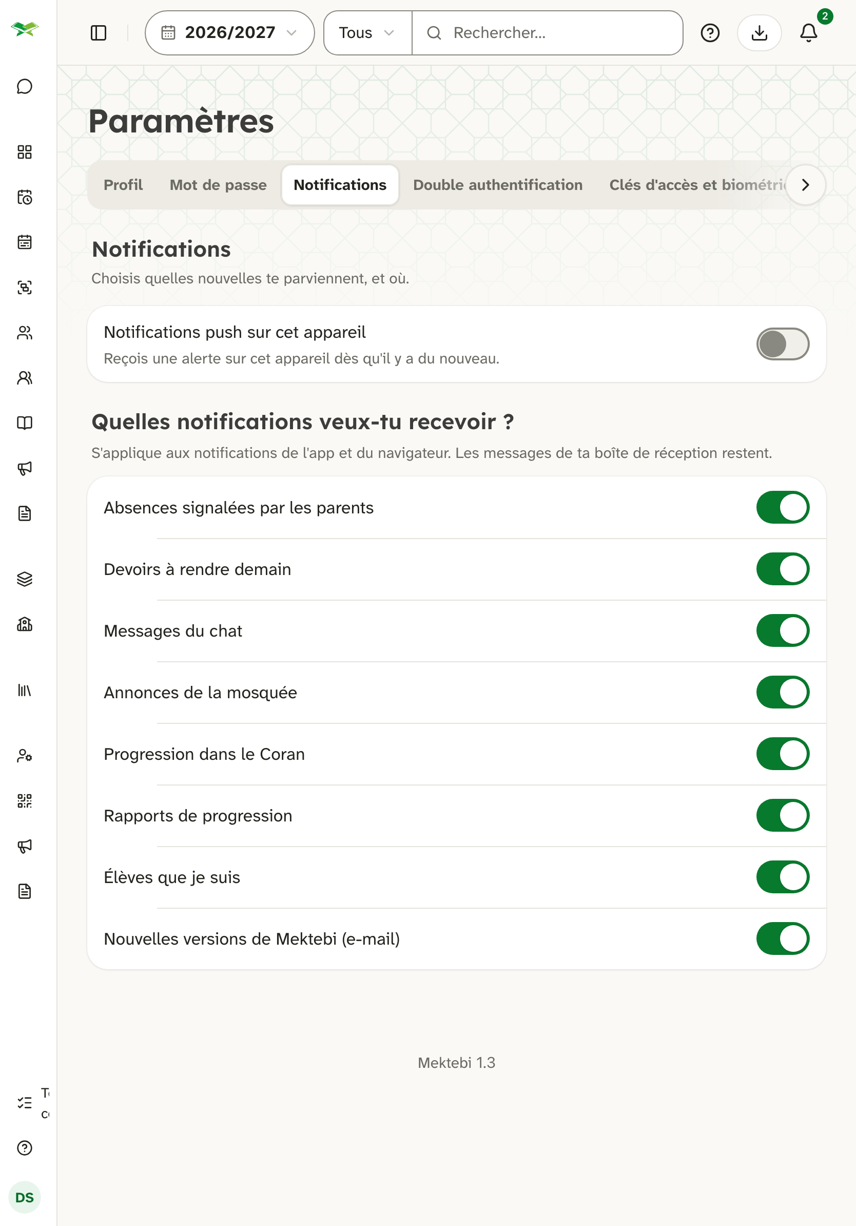 Paramètres des notifications : un interrupteur push pour cet appareil et un par sujet.