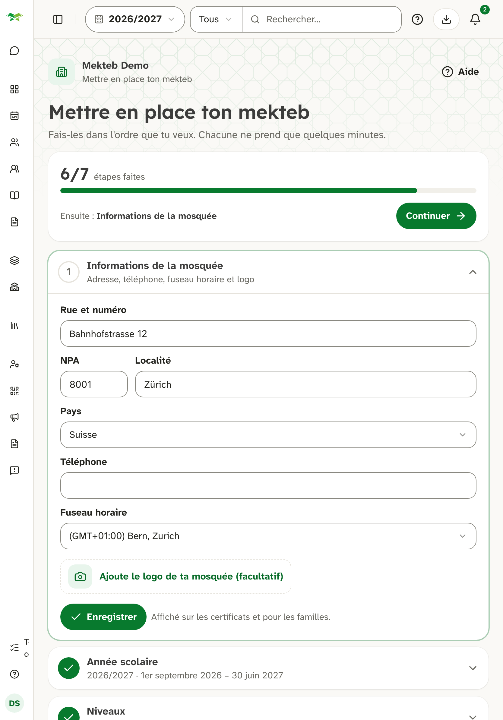 Page « Mettre en place ton mekteb » : 6 étapes sur 7 faites, l'étape Informations de la mosquée est ouverte.