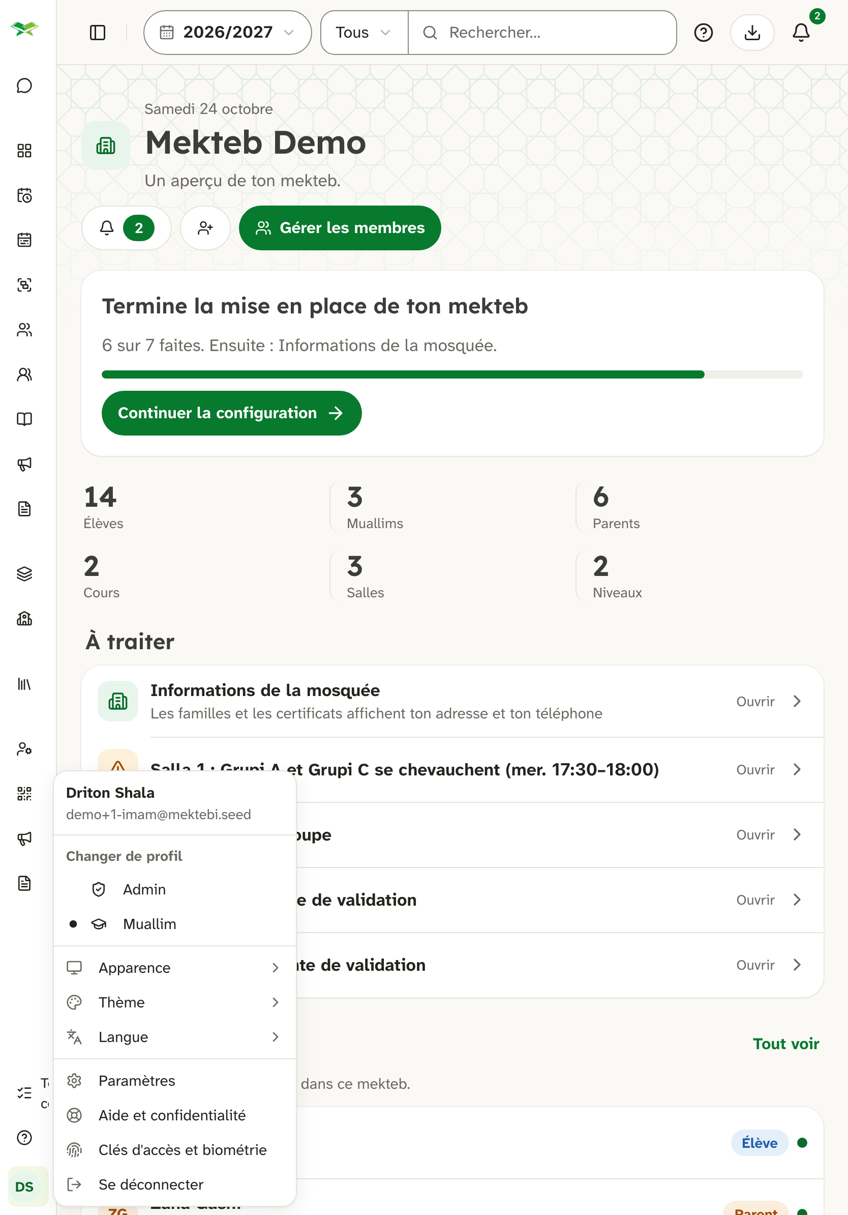 Menu de profil de Driton Shala ; « Changer de profil » liste Admin et Muallim, Muallim est actuel.