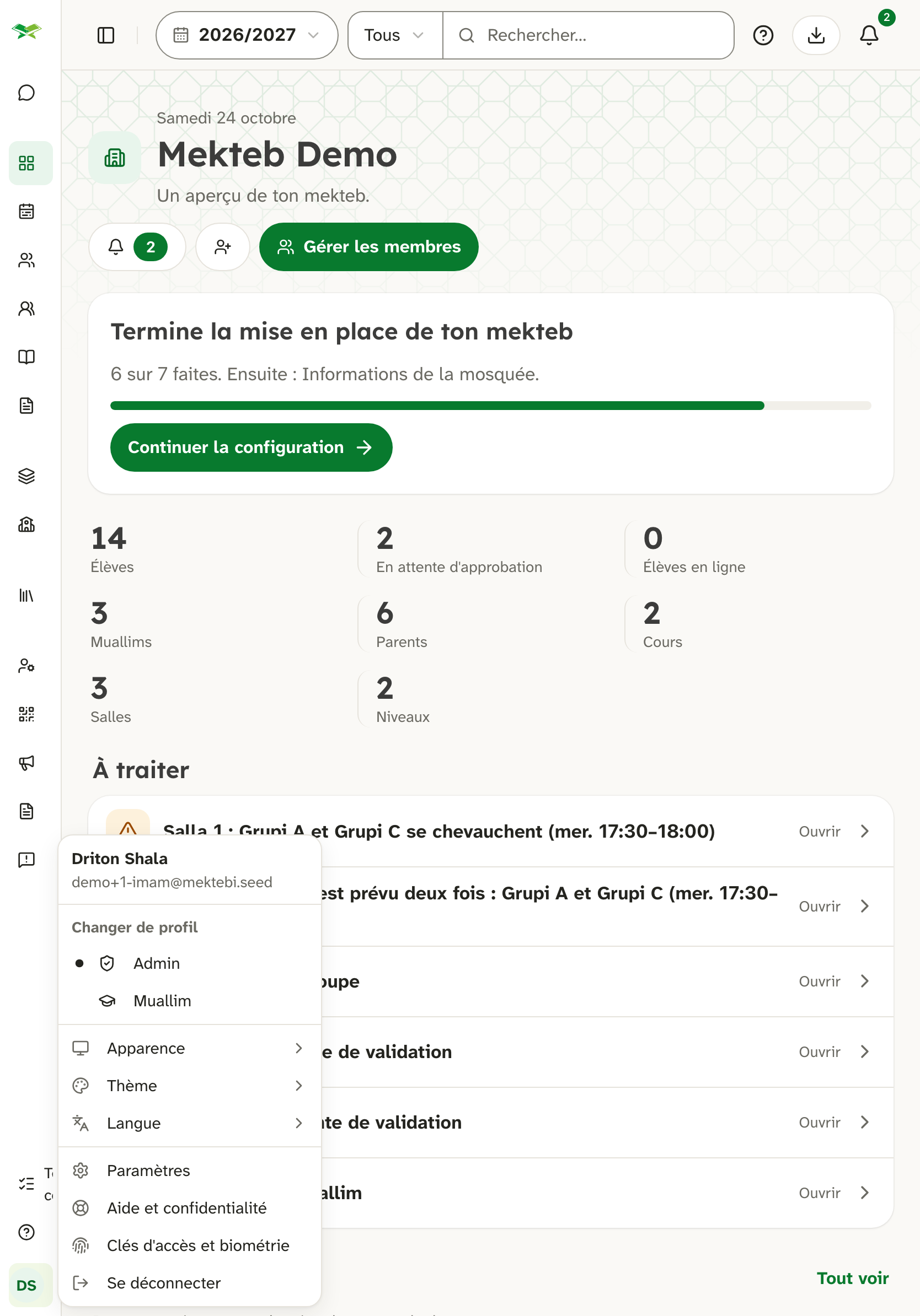 Menu de profil de Driton Shala ; « Changer de profil » liste Admin et Muallim, Muallim est actuel.