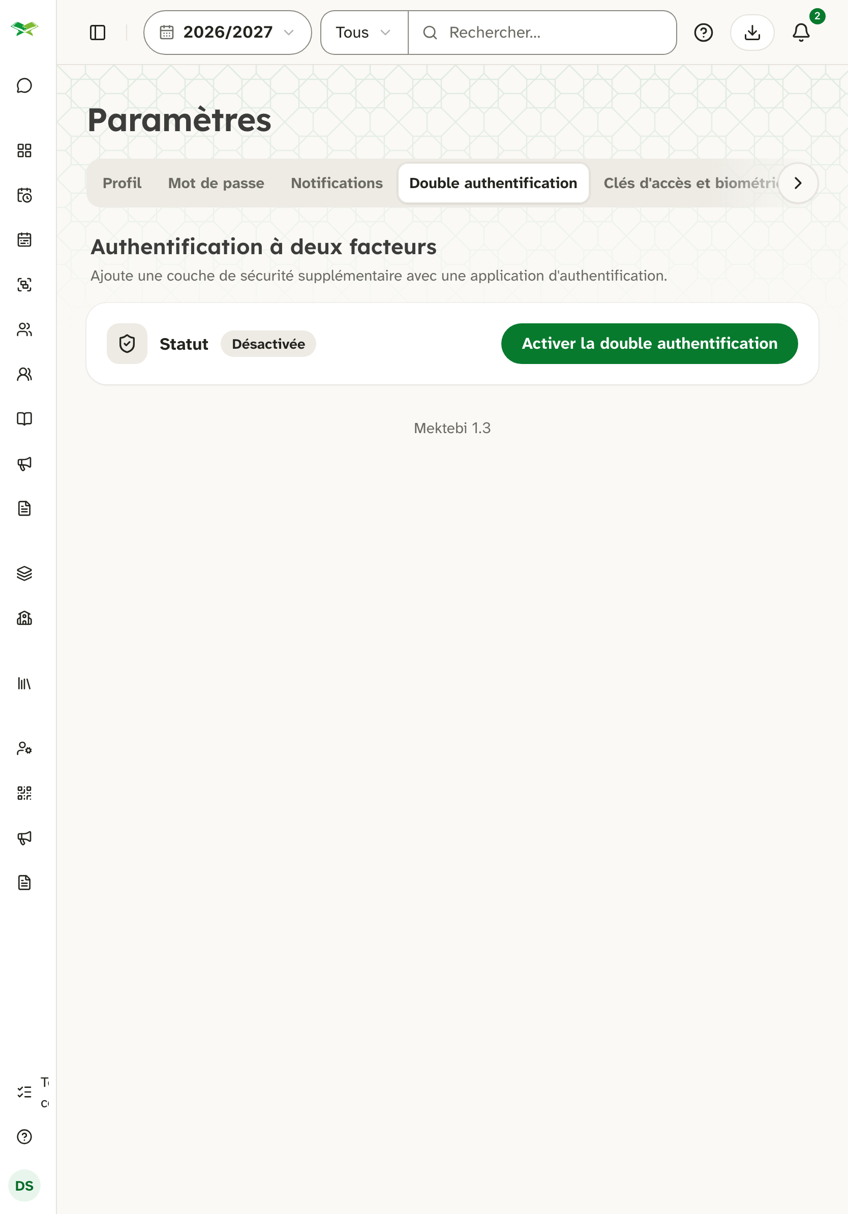 Onglet « Double authentification » avec le statut « Désactivée » et un bouton pour l'activer.