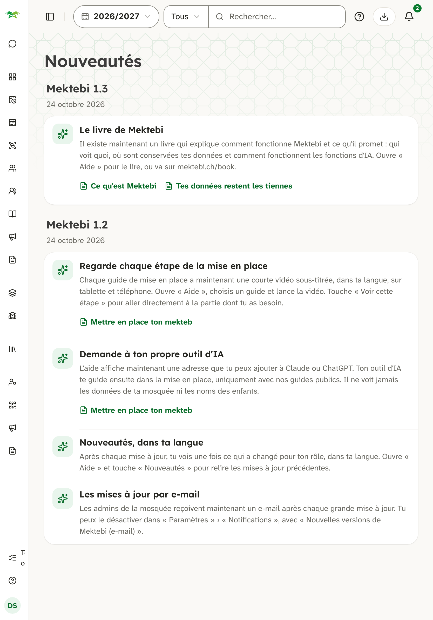Page « Nouveautés » : Mektebi 1.3 (Le livre de Mektebi) au-dessus de Mektebi 1.2 et ses quatre nouveautés.