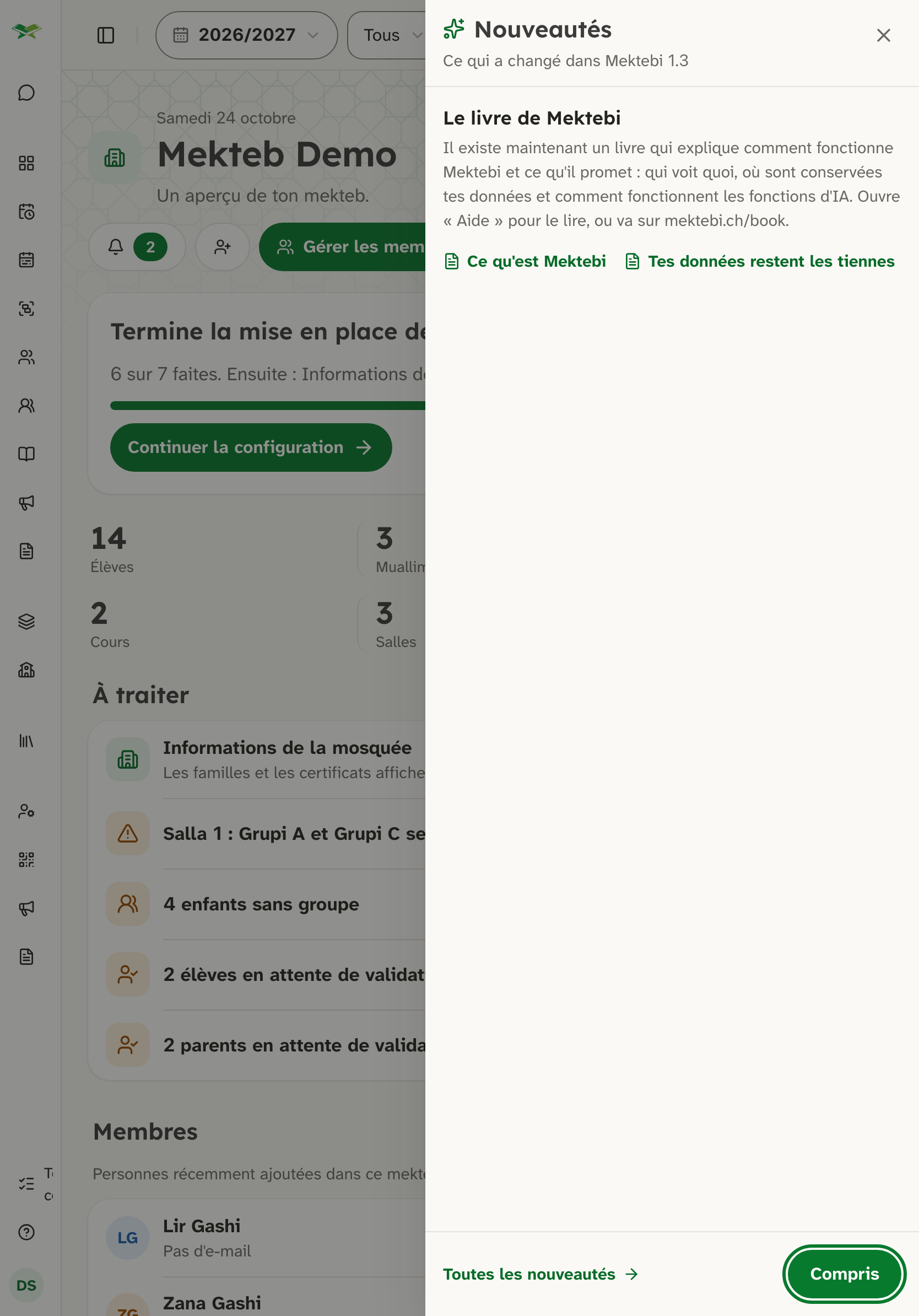 Fenêtre « Nouveautés » sur l'accueil : « Ce qui a changé dans Mektebi 1.3 » avec Compris.
