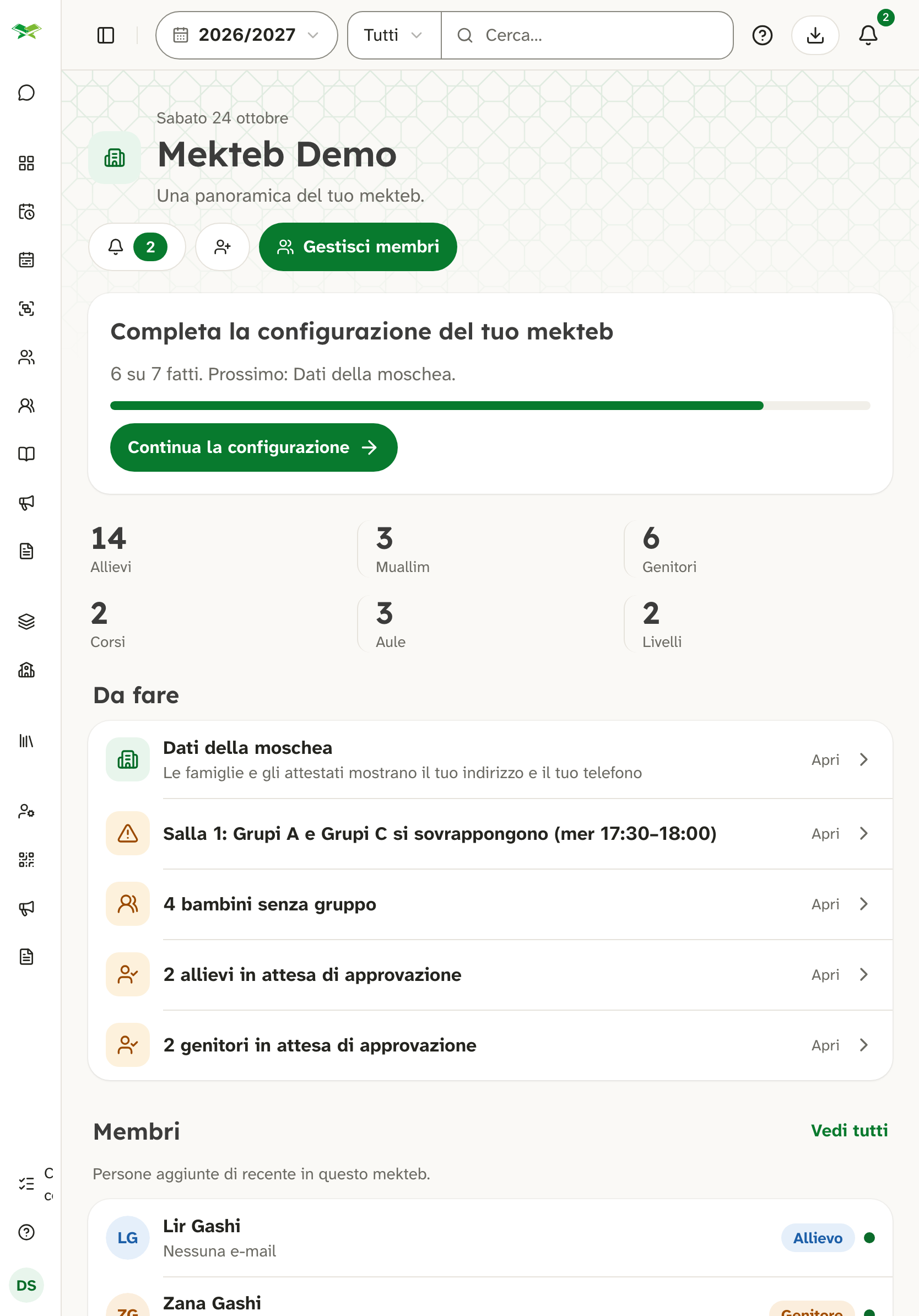 Panoramica di Mekteb Demo: configurazione, numero di allievi e muallim, elenco «Da fare».