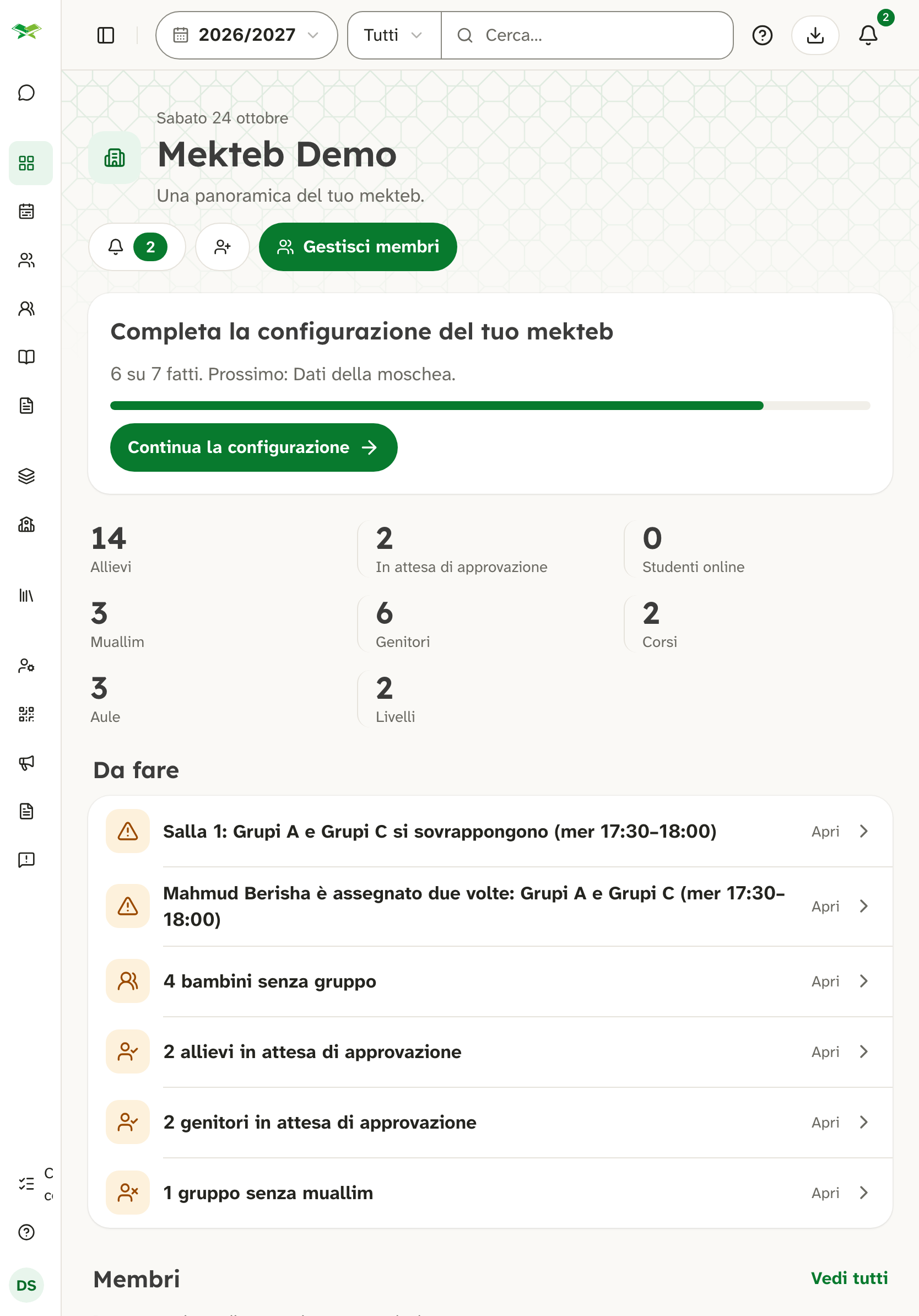 Panoramica di Mekteb Demo: configurazione, numero di allievi e muallim, elenco «Da fare».