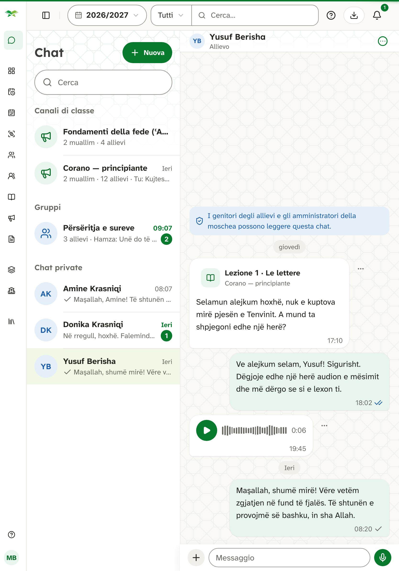 Chat diretta di un muallim con l'allievo Yusuf Berisha: scheda di lezione, risposta, messaggio vocale e avviso sulla privacy.