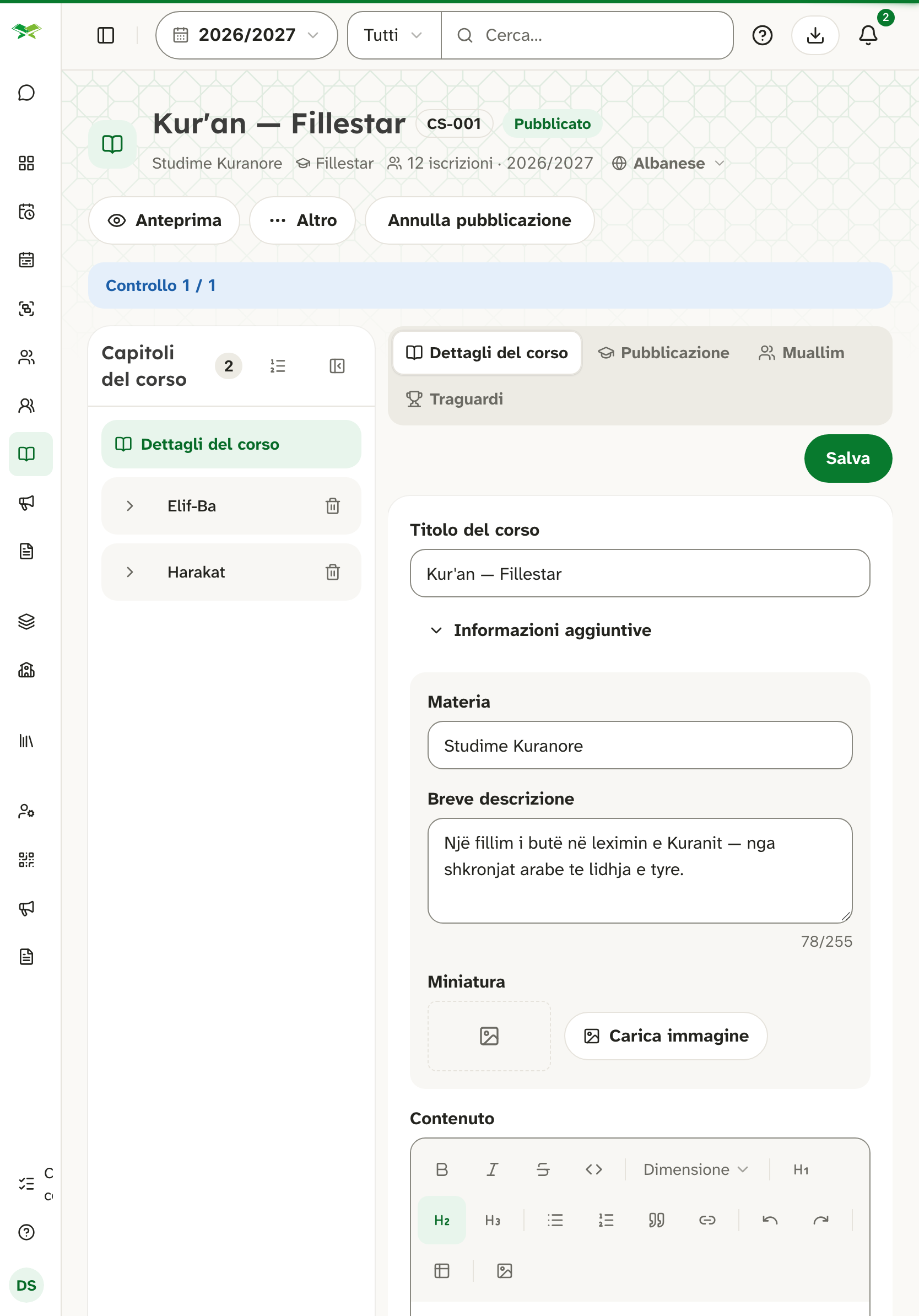 Il corso Kur'an — Fillestar, pubblicato, con i capitoli Elif-Ba e Harakat a sinistra e il modulo dei dettagli del corso.