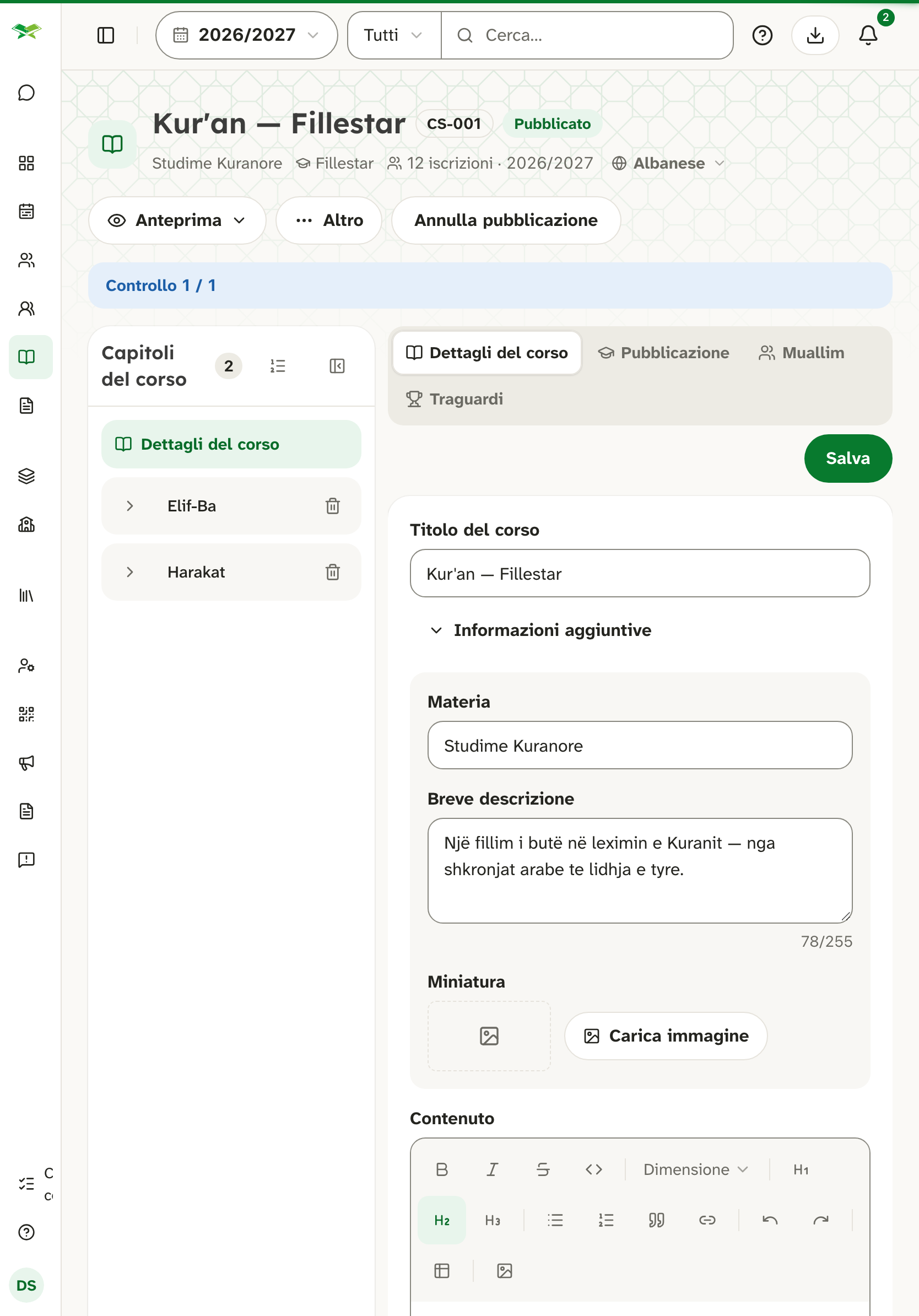 Il corso Kur'an — Fillestar, pubblicato, con i capitoli Elif-Ba e Harakat a sinistra e il modulo dei dettagli del corso.