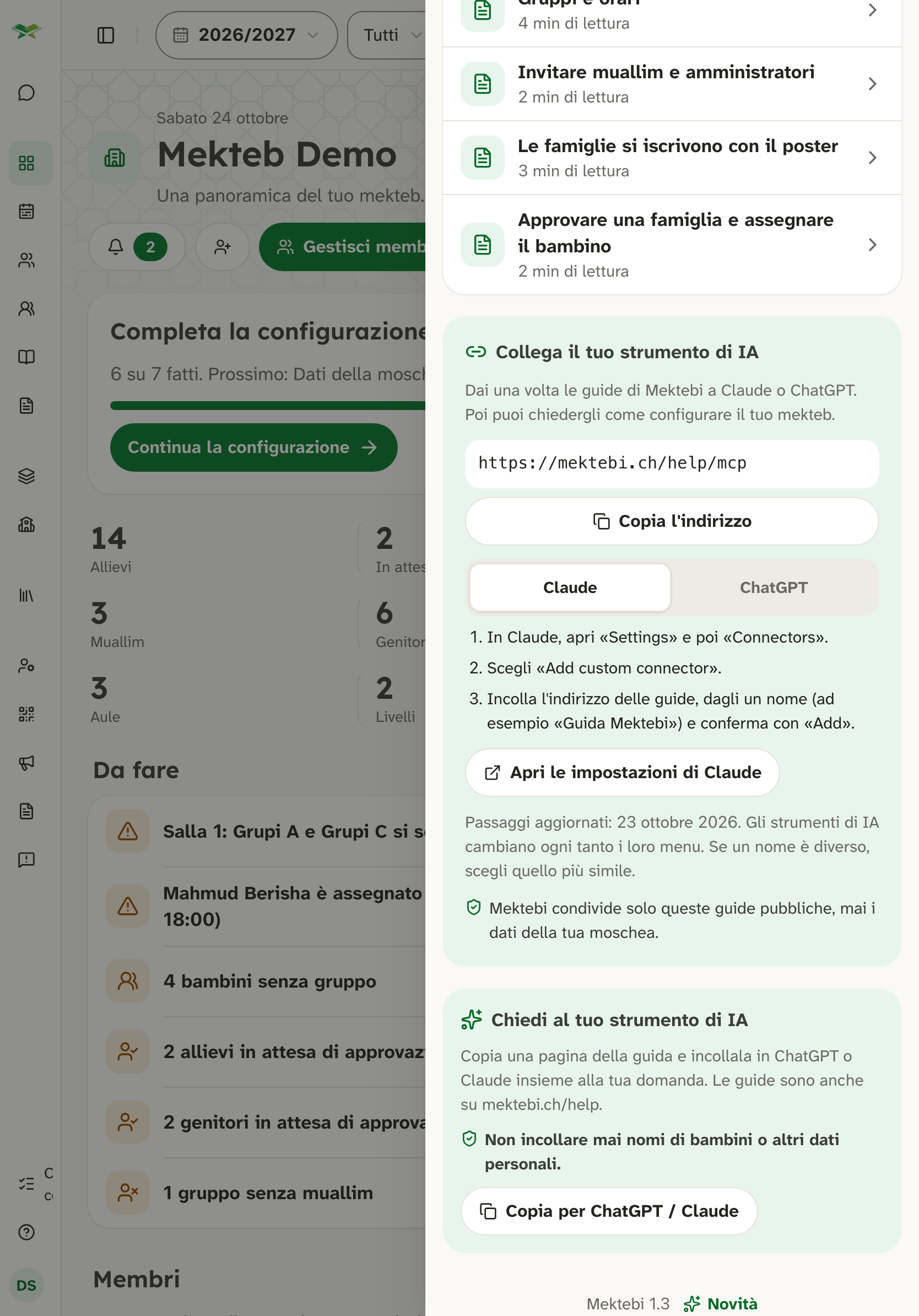 Pannello d'aiuto con guide e scheda IA; in fondo «Mektebi 1.3» e «Novità».