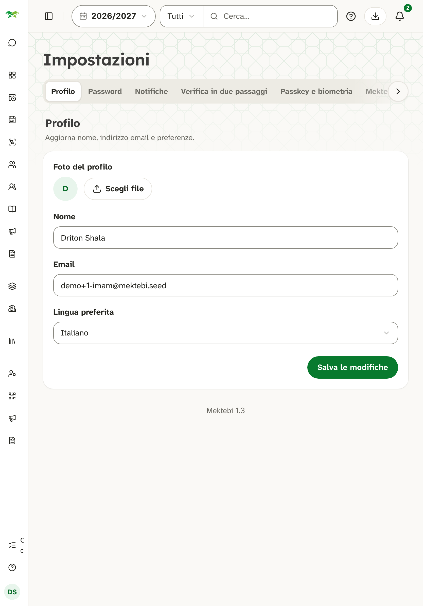 Impostazioni del profilo di Driton Shala: nome, e-mail e menu «Lingua preferita» su Italiano.