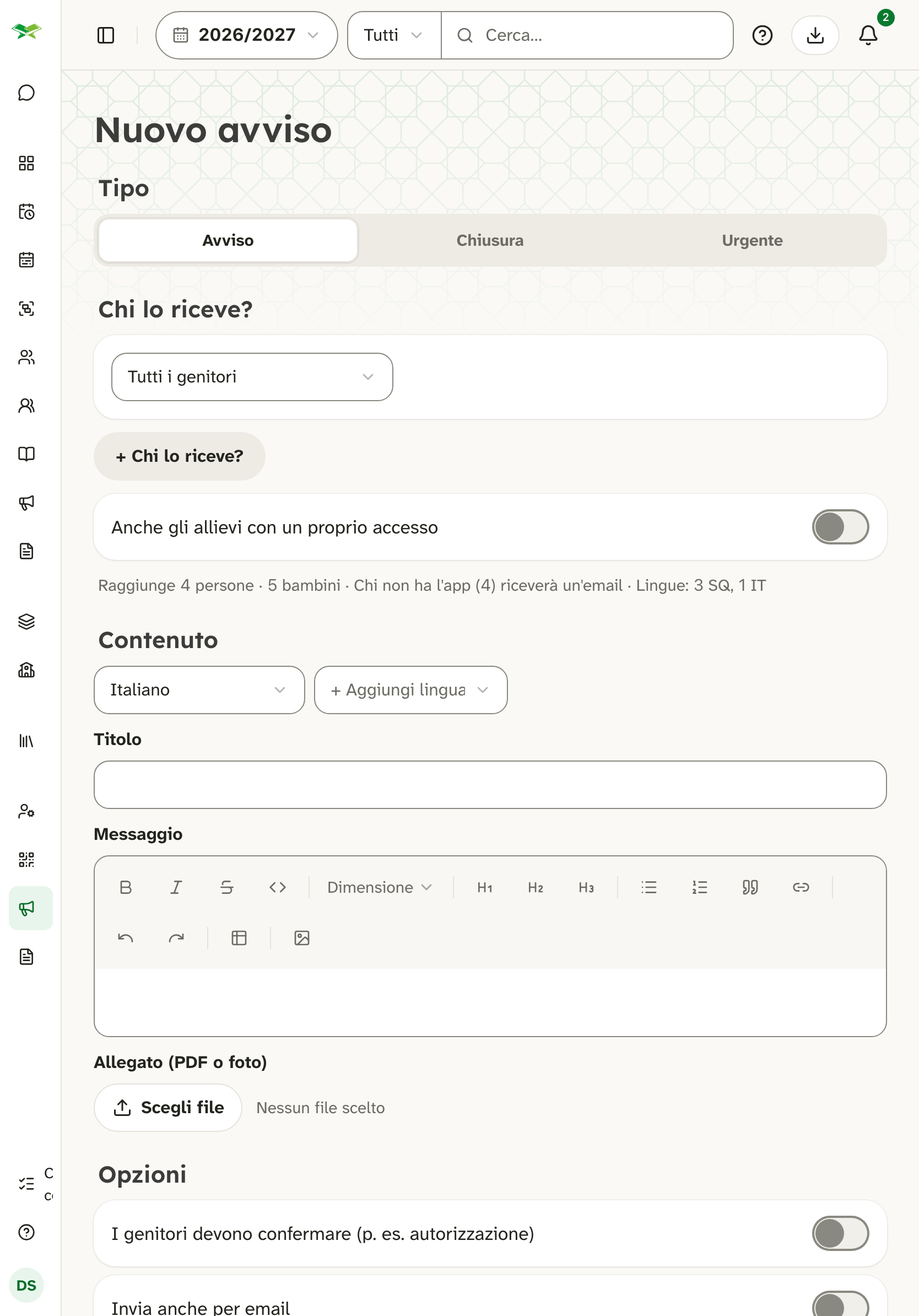 Modulo «Nuovo avviso»: tipo, destinatari (Tutti i genitori), titolo, editor e opzioni.