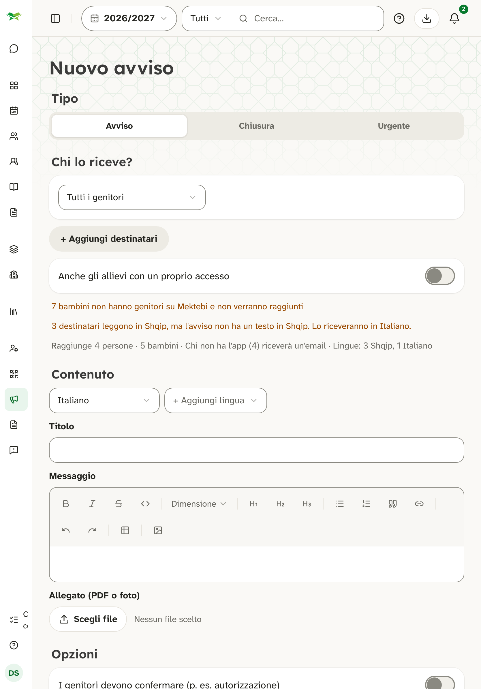 Modulo «Nuovo avviso»: tipo, destinatari (Tutti i genitori), titolo, editor e opzioni.