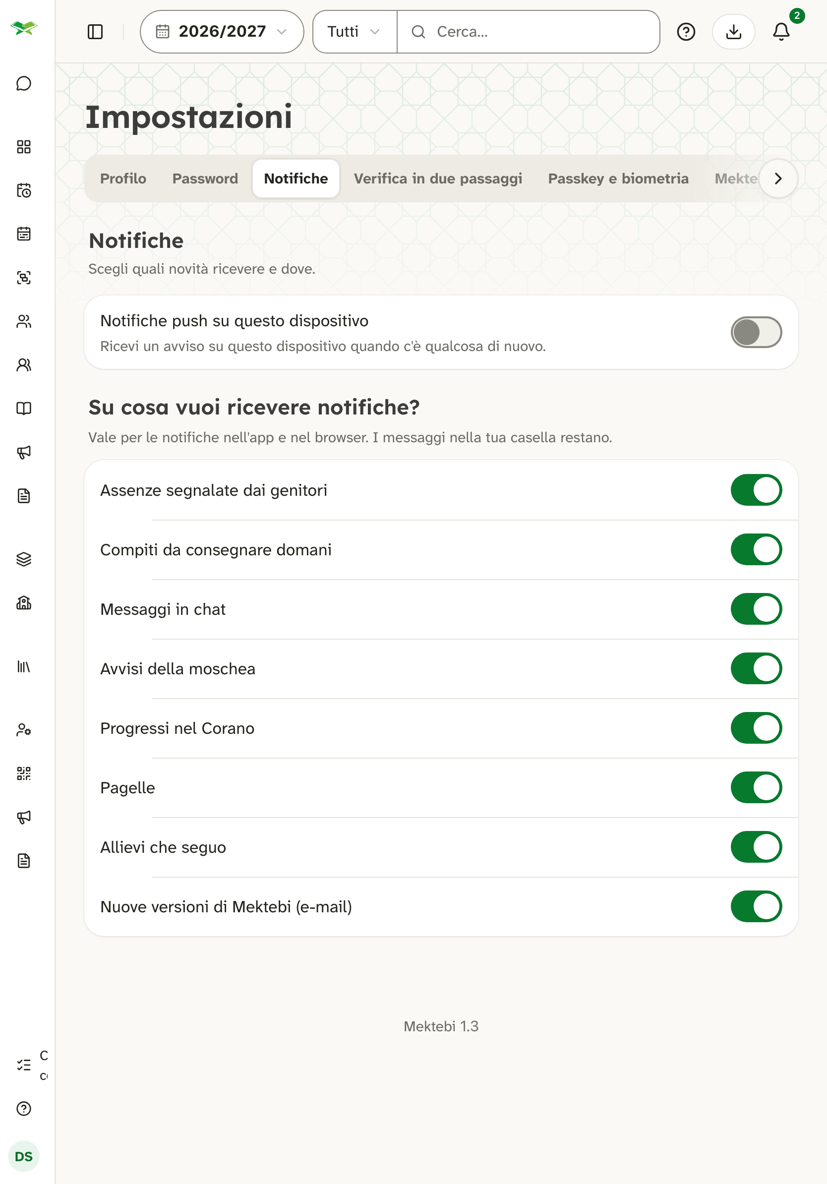 Impostazioni delle notifiche: un interruttore push per questo dispositivo e uno per argomento.