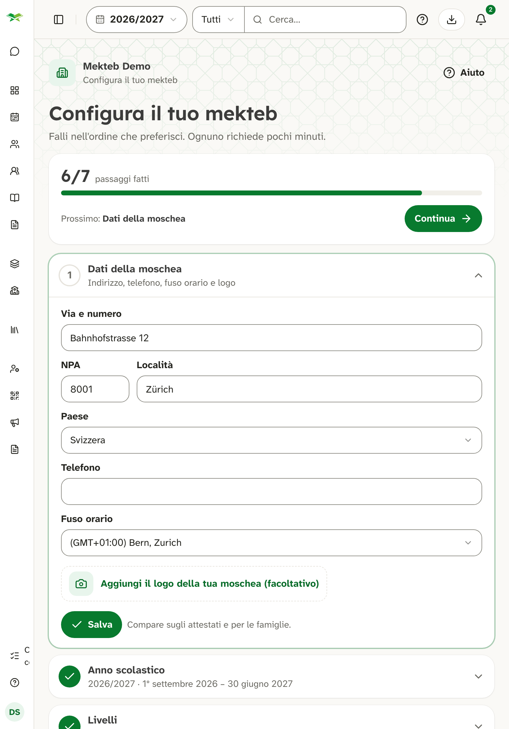 Pagina «Configura il tuo mekteb»: 6/7 passaggi fatti, il passo Dati della moschea è aperto.